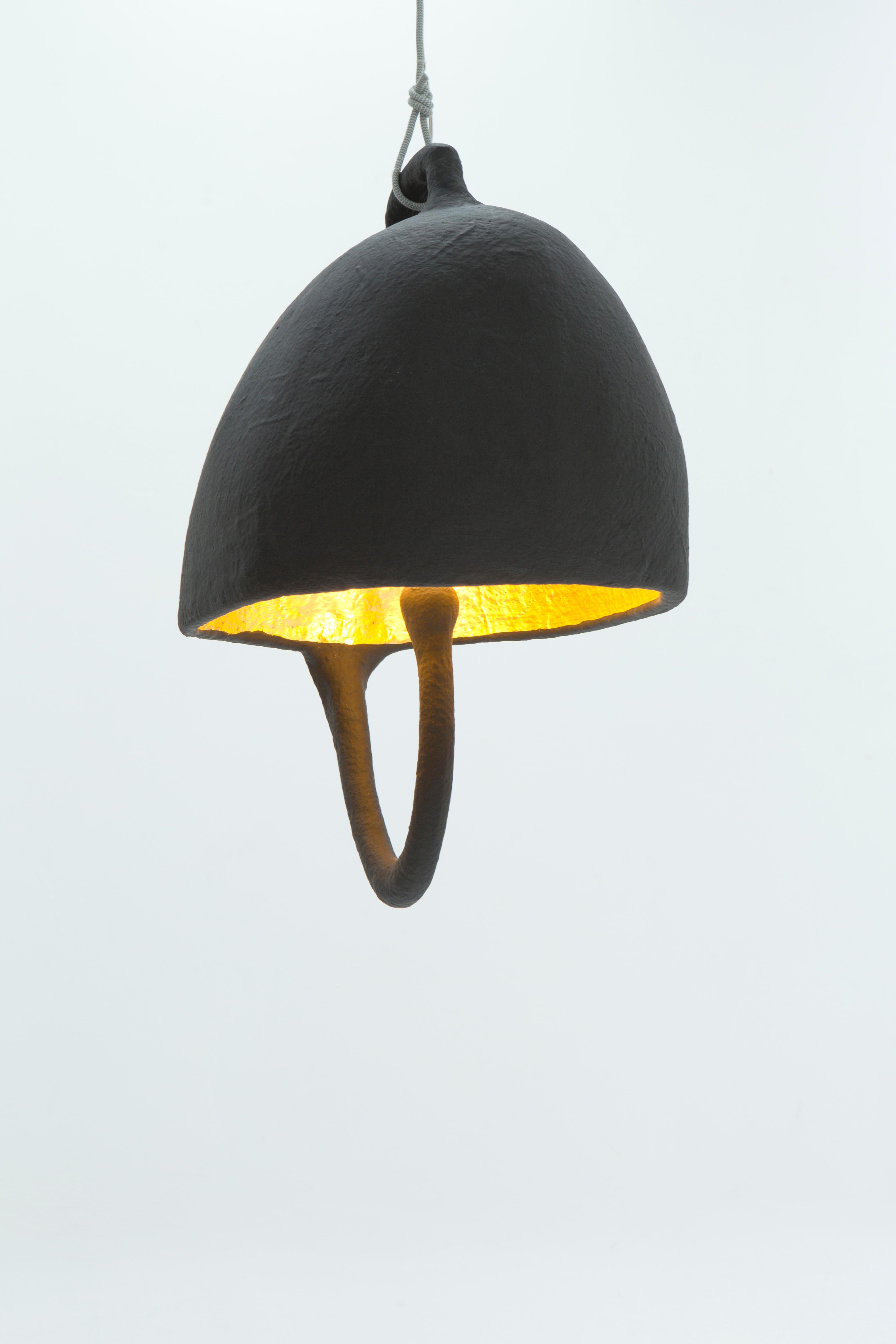 Hand made collectible design hanging lamp from the IC-Series by Studio Josha. All pieces in this series are based on his hand drawn sketches, copied one to one in the 3rd dimensions. 
The IC-4 is the fourth piece in the collection. The dome is gold