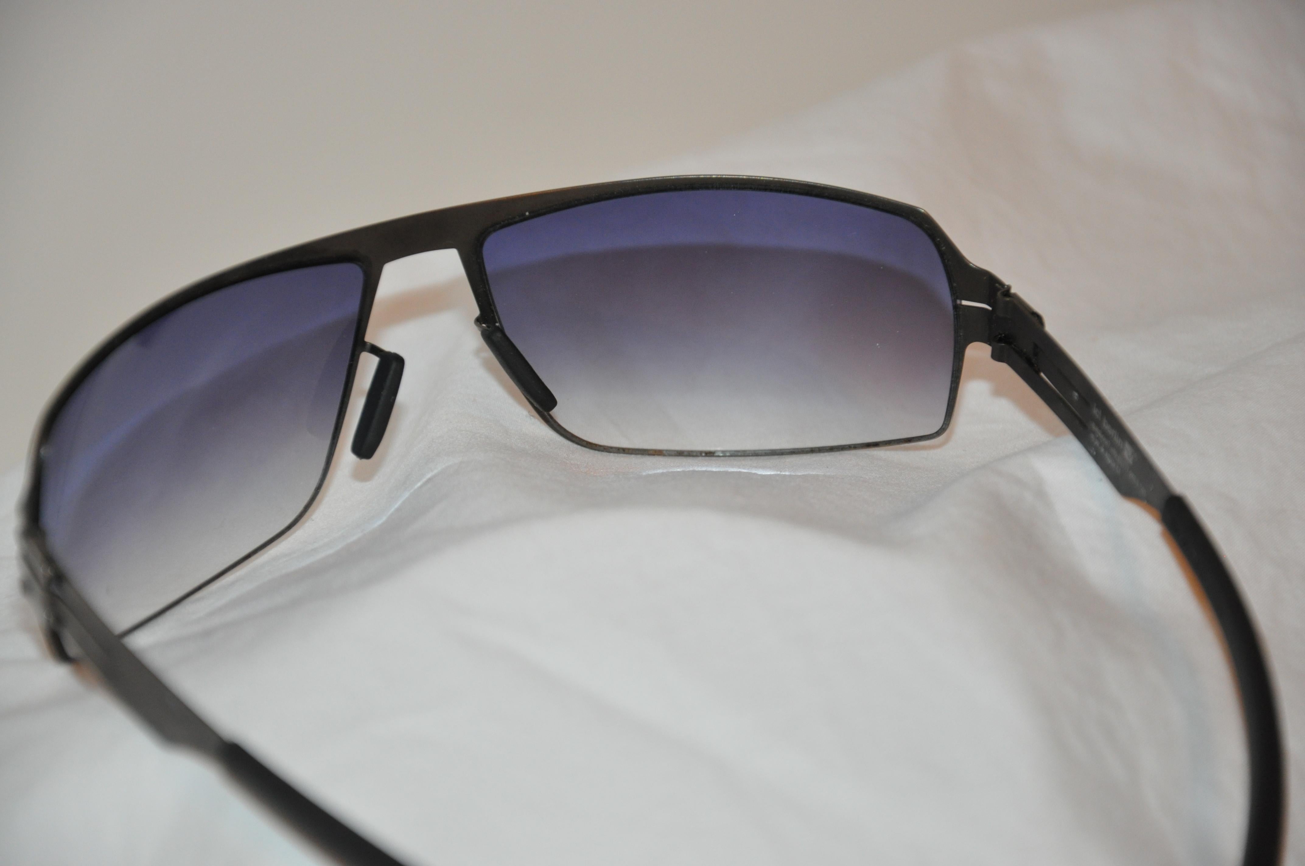 Ic! Berlin Black Curved-Styled Titanium Blue-Hue Sunglasses  In Good Condition For Sale In New York, NY