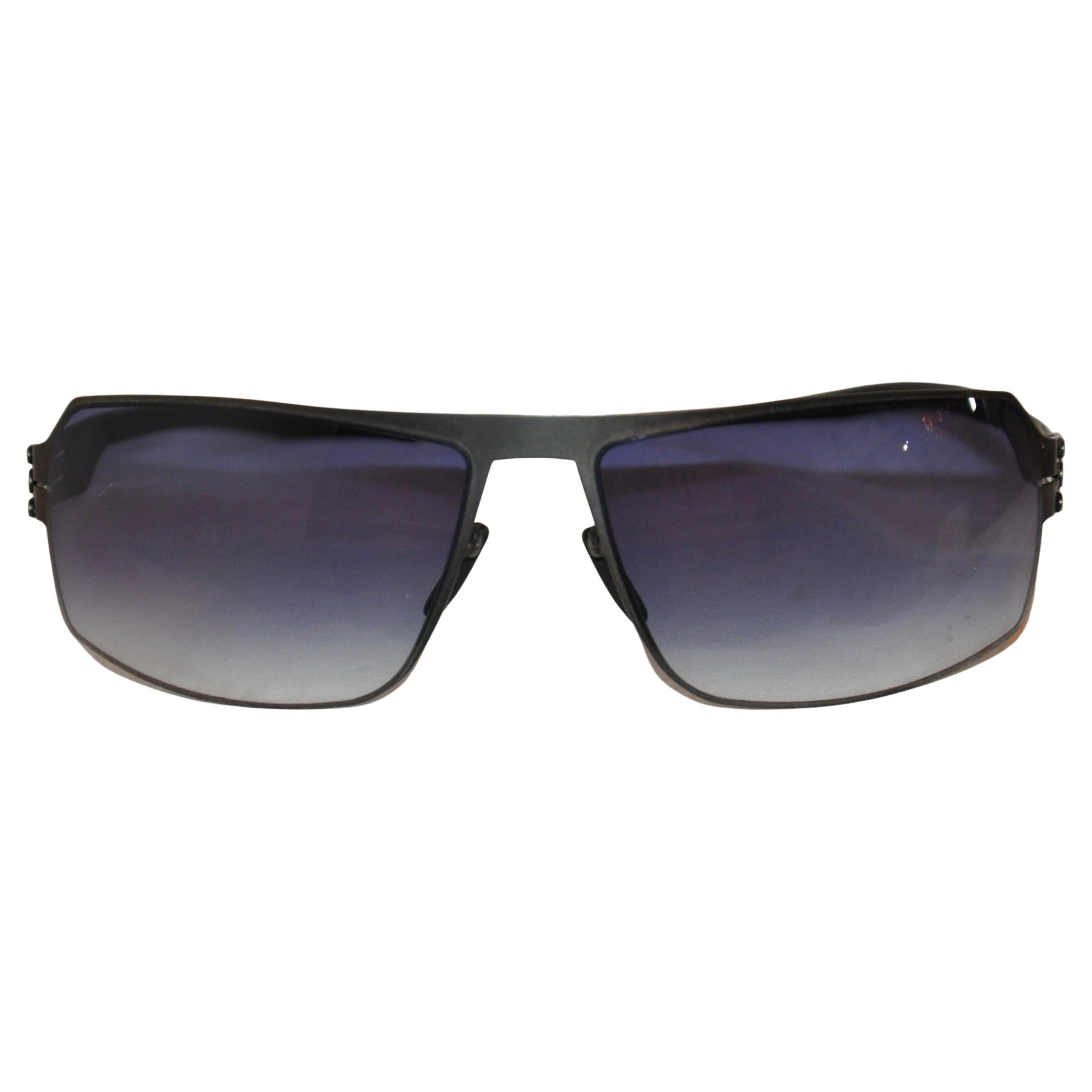 Ic! Berlin Black Curved-Styled Titanium Blue-Hue Sunglasses  For Sale