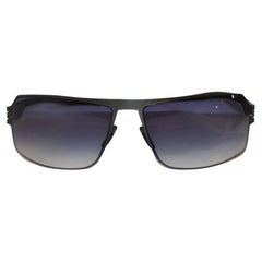 Vintage Ic! Berlin Black Curved-Styled Titanium Blue-Hue Sunglasses 