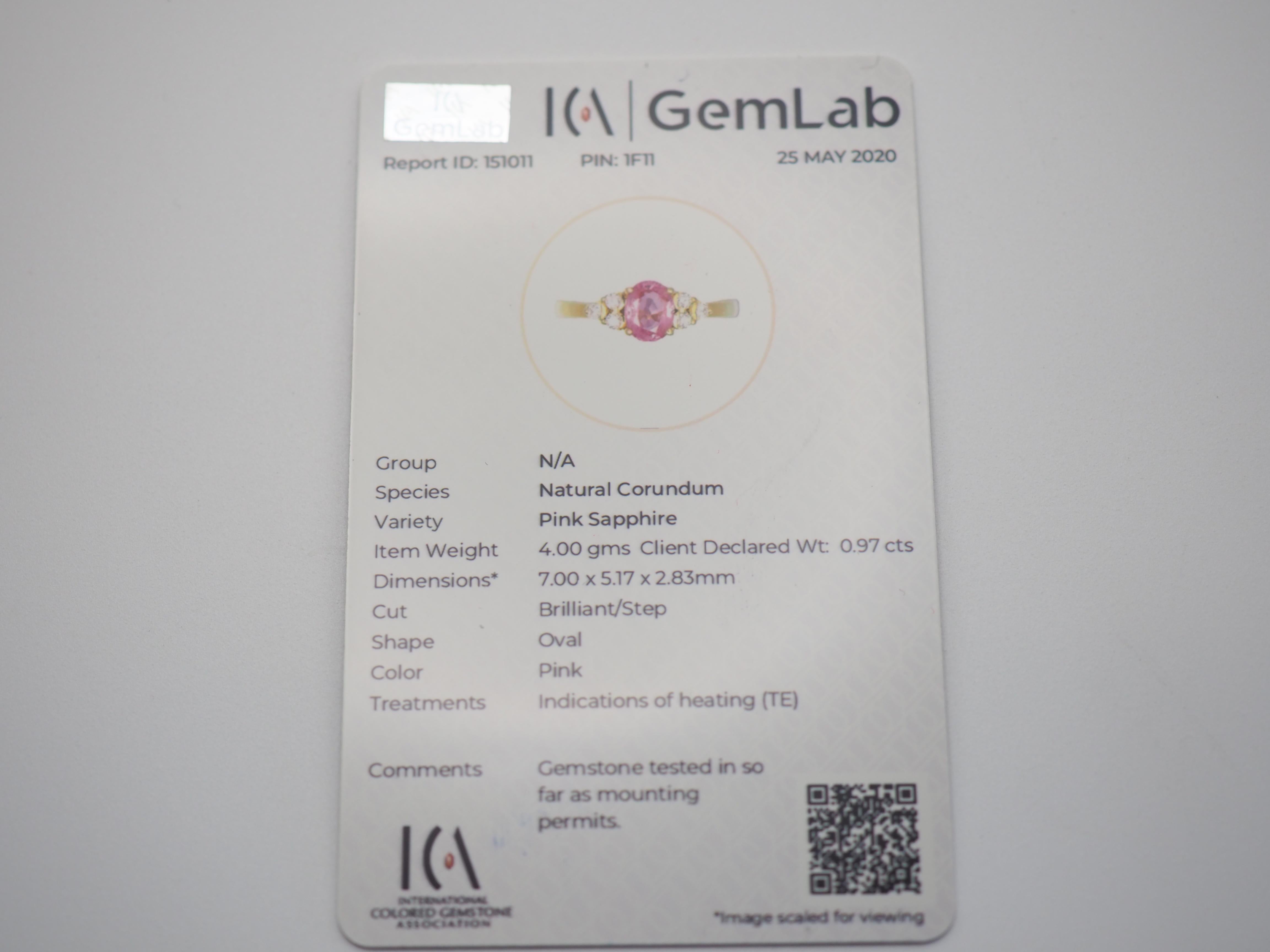 ICA 18K Gold 0.97ct Pink Sapphire & 0.14ct Diamond Fine Engagement Ring 6