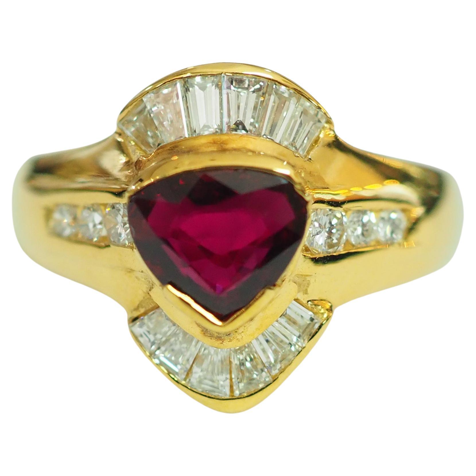 ICA 18k Gold 1.00ct Deep Red Triangular Ruby and Diamond Cocktail