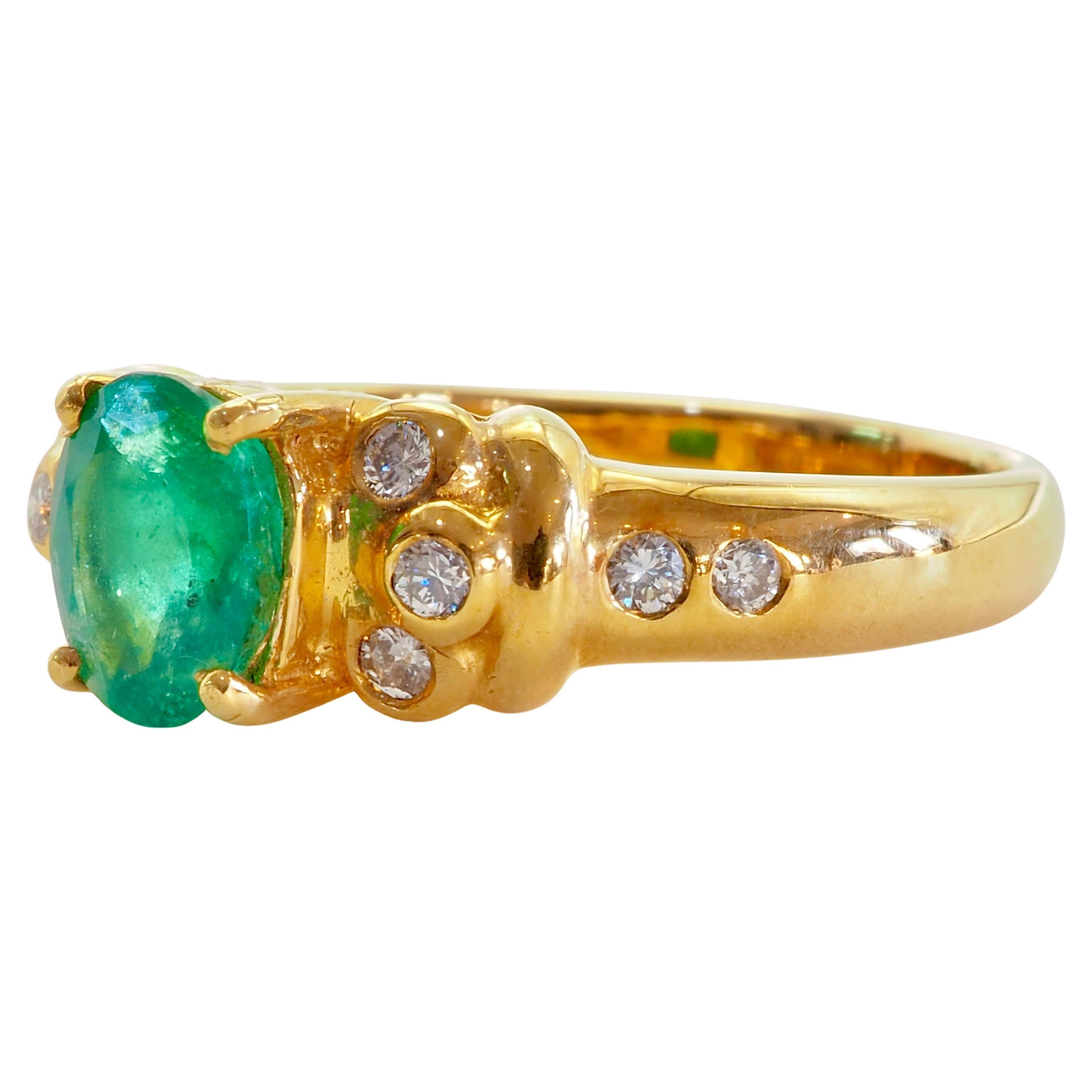 Unique dressing wavy design ring with rare minor clarity enhanced oval emerald at the center and surrounded by high grade bright diamonds.

Product Details:

Metal: 18k Solid Gold
Metal Color: Yellow Gold
Total weight: 4.83 grams
ICA Emerald: