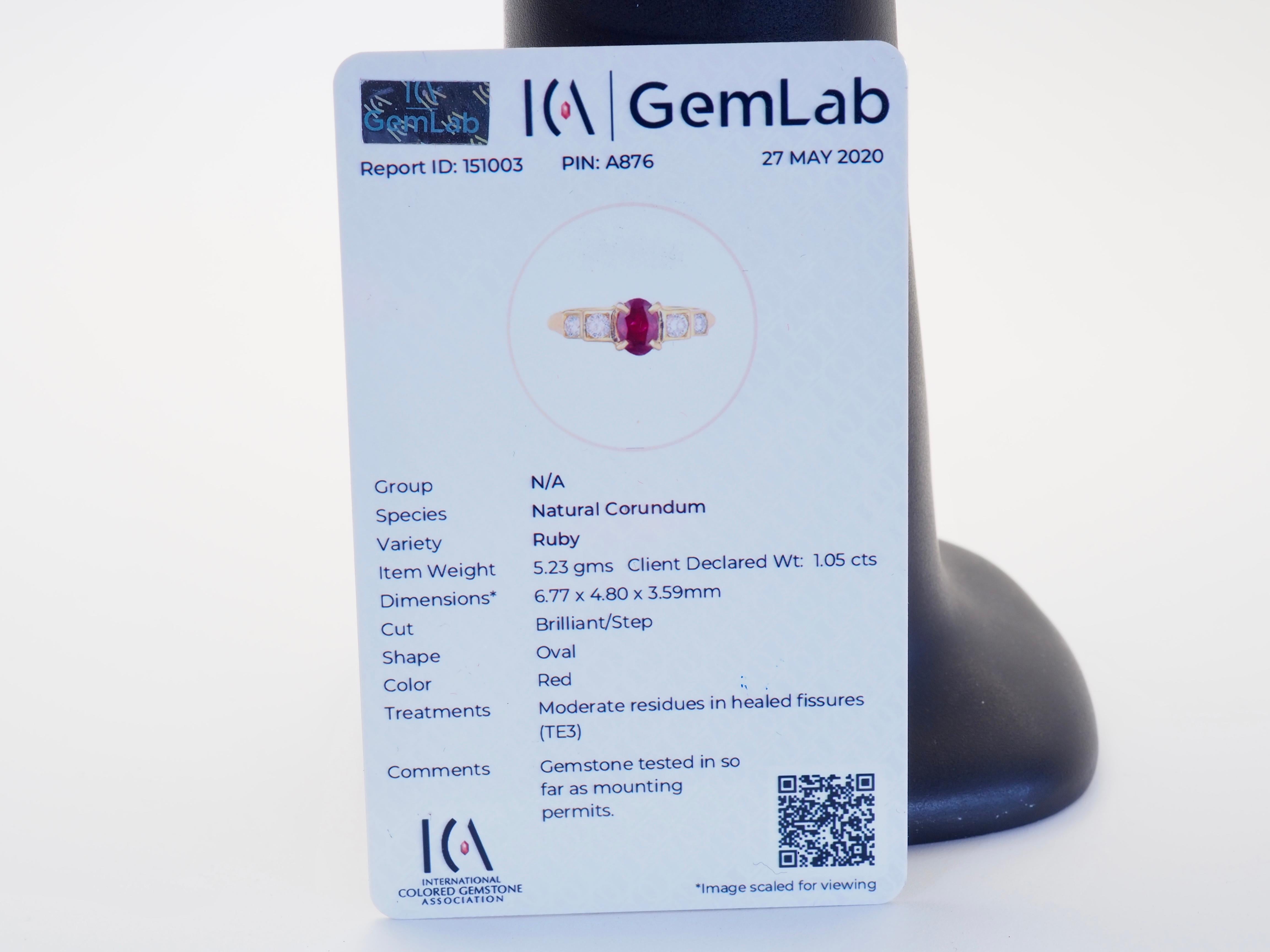 Anello ICA in oro 18K con rubino Myanmar ovale da 1,05ct e diamante Brilliante da 0,38ct in vendita 7