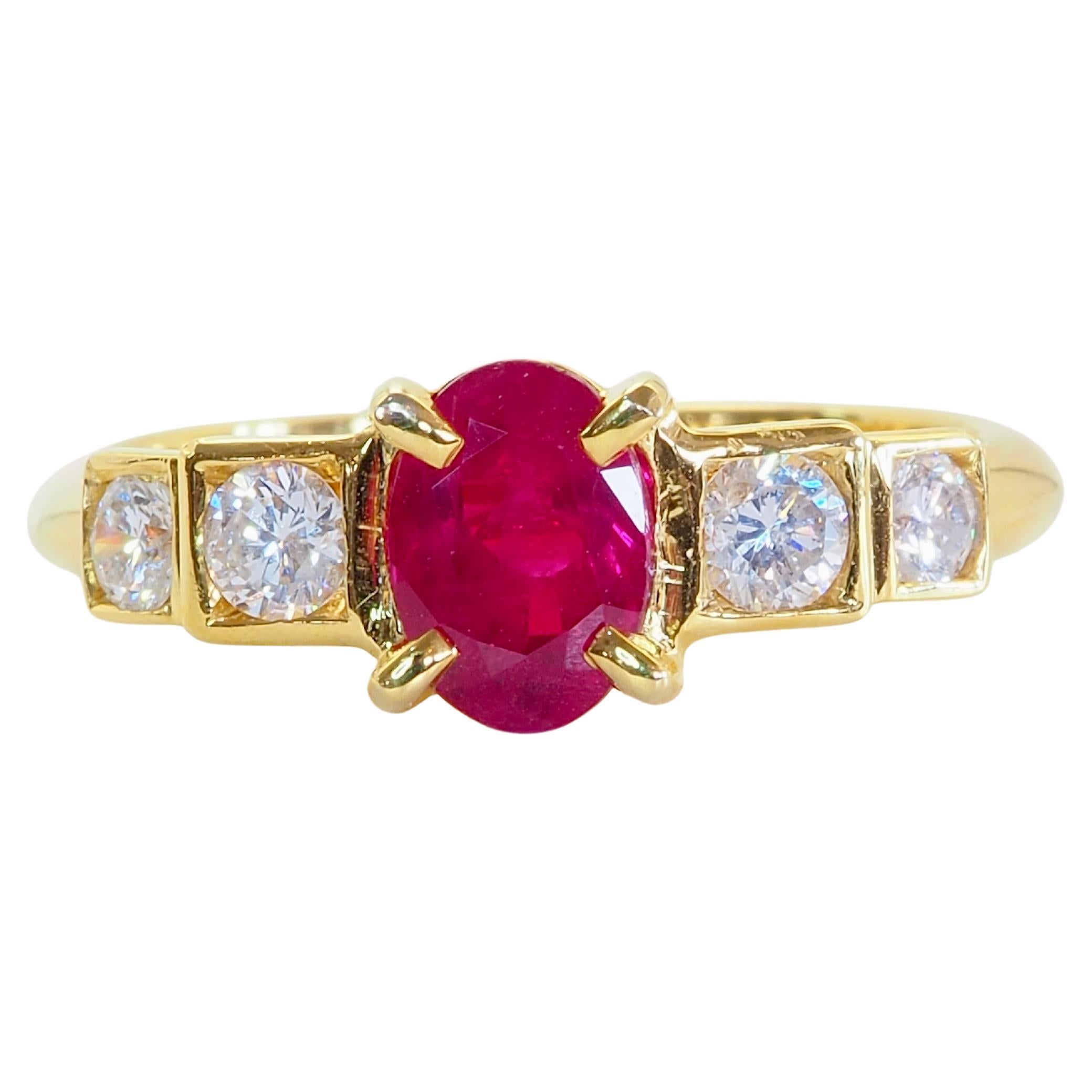 Anello ICA in oro 18K con rubino Myanmar ovale da 1,05ct e diamante Brilliante da 0,38ct in vendita