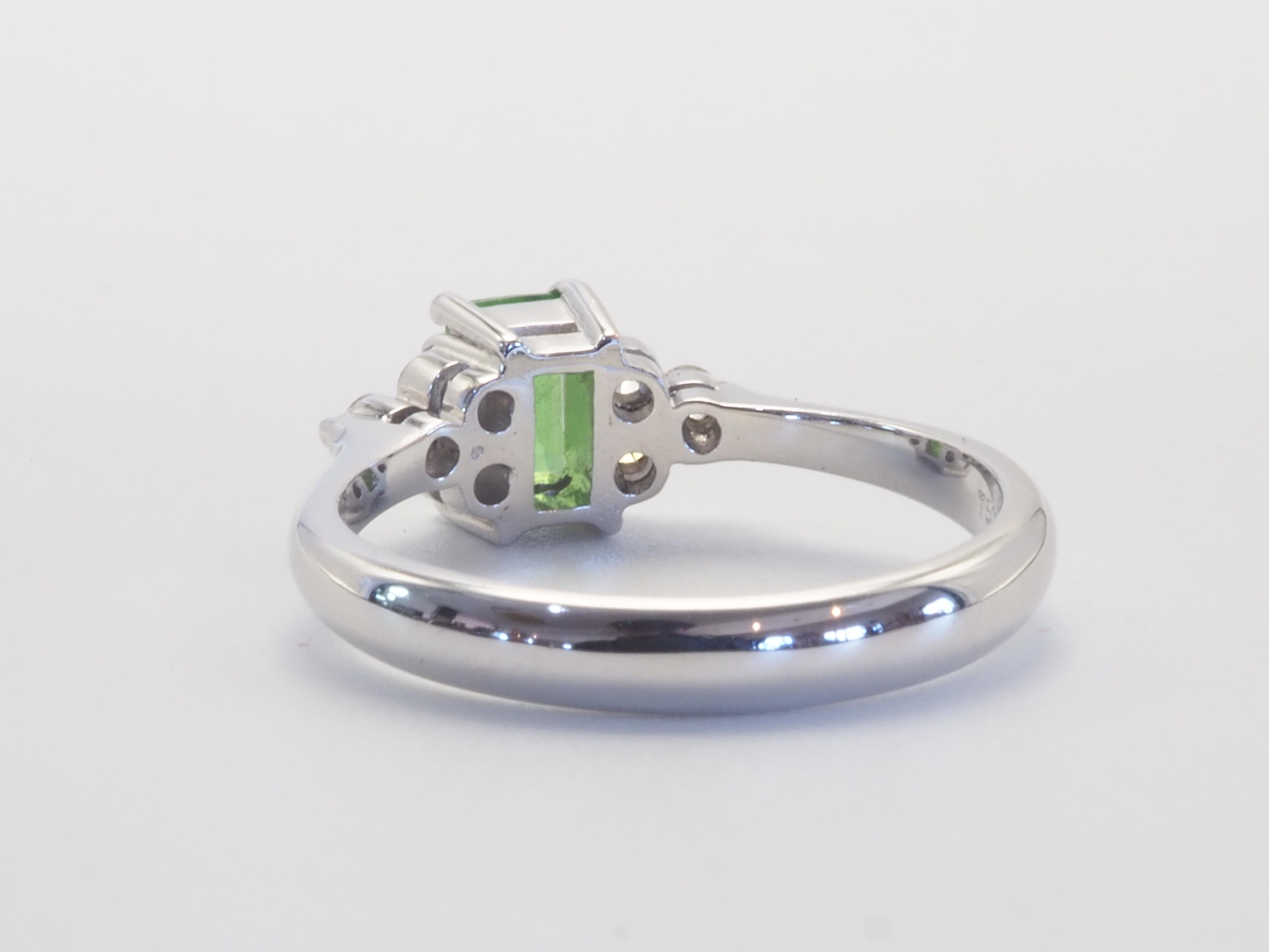 Octagon Cut ICA 18K White Gold 0.43ct Octagon Vivid Green Tsavorite & 0.15ct Diamond Ring For Sale