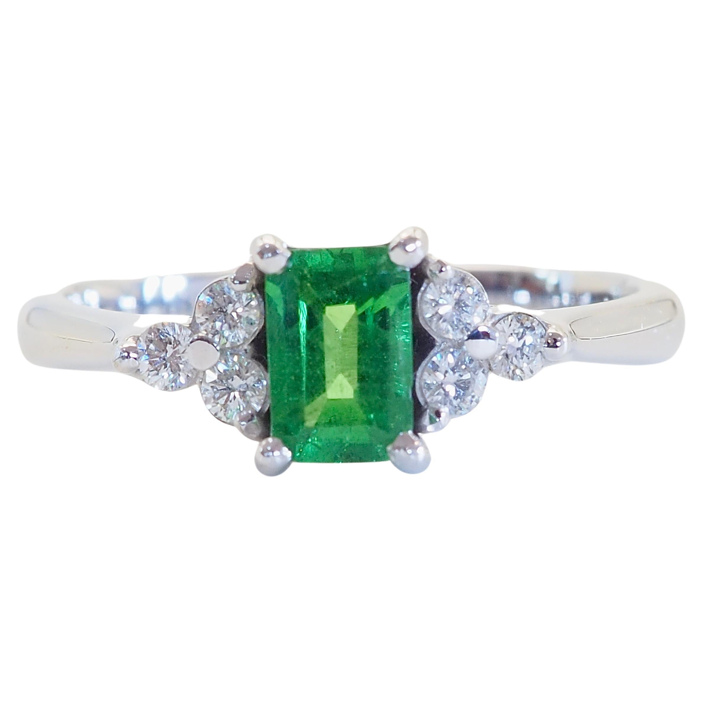 ICA 18K White Gold 0.43ct Octagonal Vivid Green Tsavorite & 0.15ct Diamond Ring