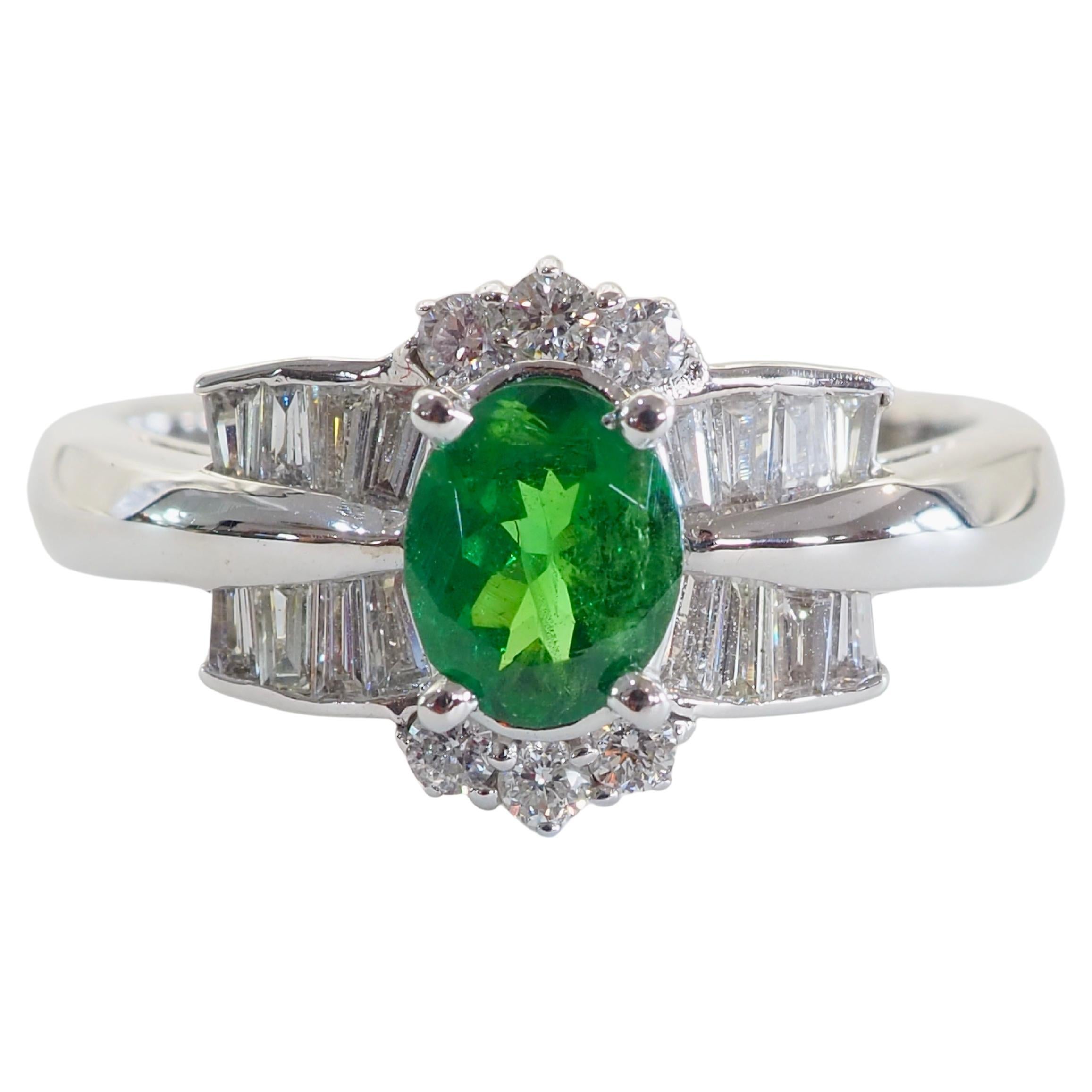 ICA 18K White Gold 0.61ct Oval Vivid Green Tsavorite & 0.40ct Diamond Ring
