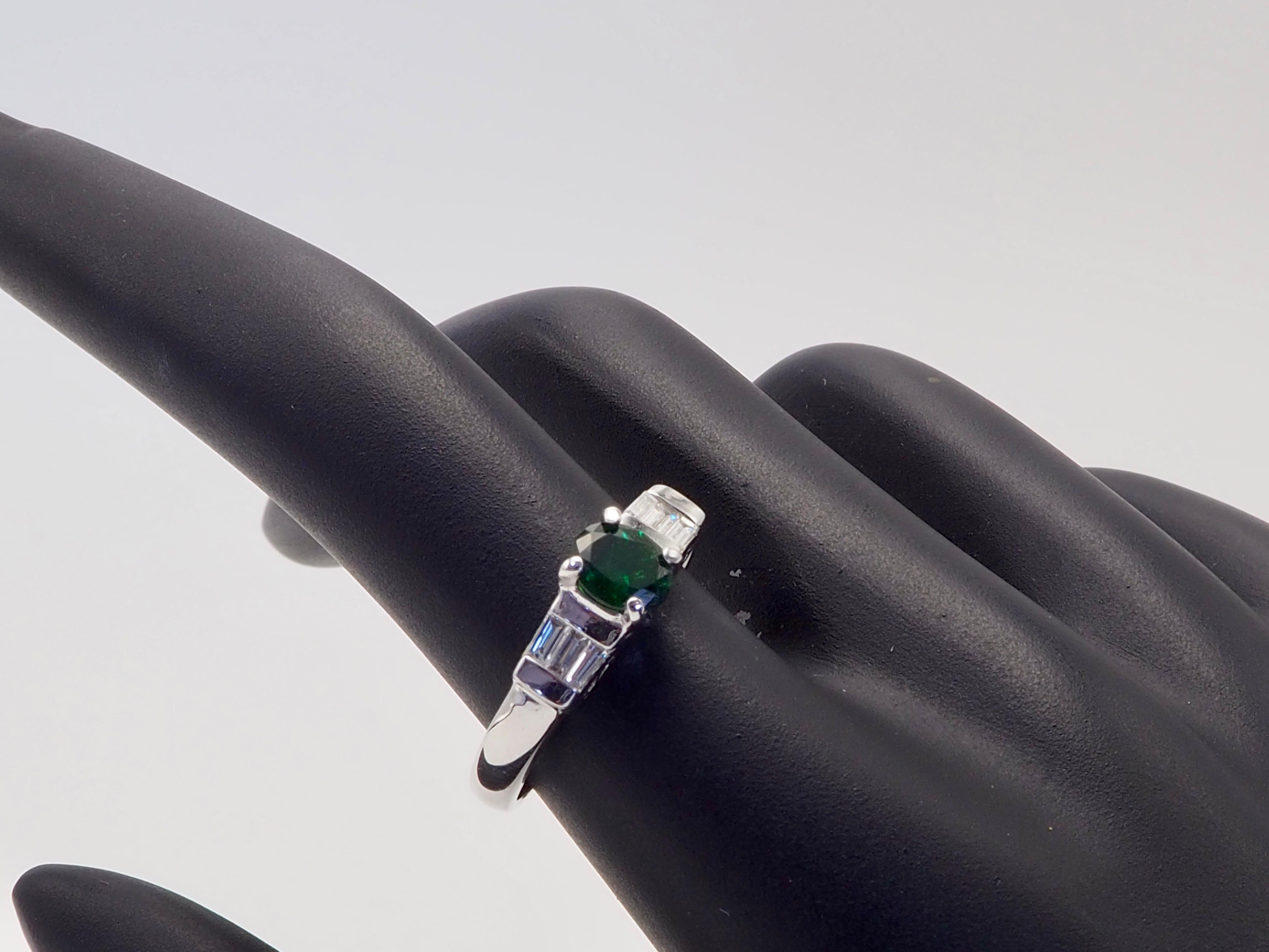 ICA 18K White Gold 0.62ct Oval Deep Vivid Green Tsavorite & 0.15ct Diamond Ring For Sale 4