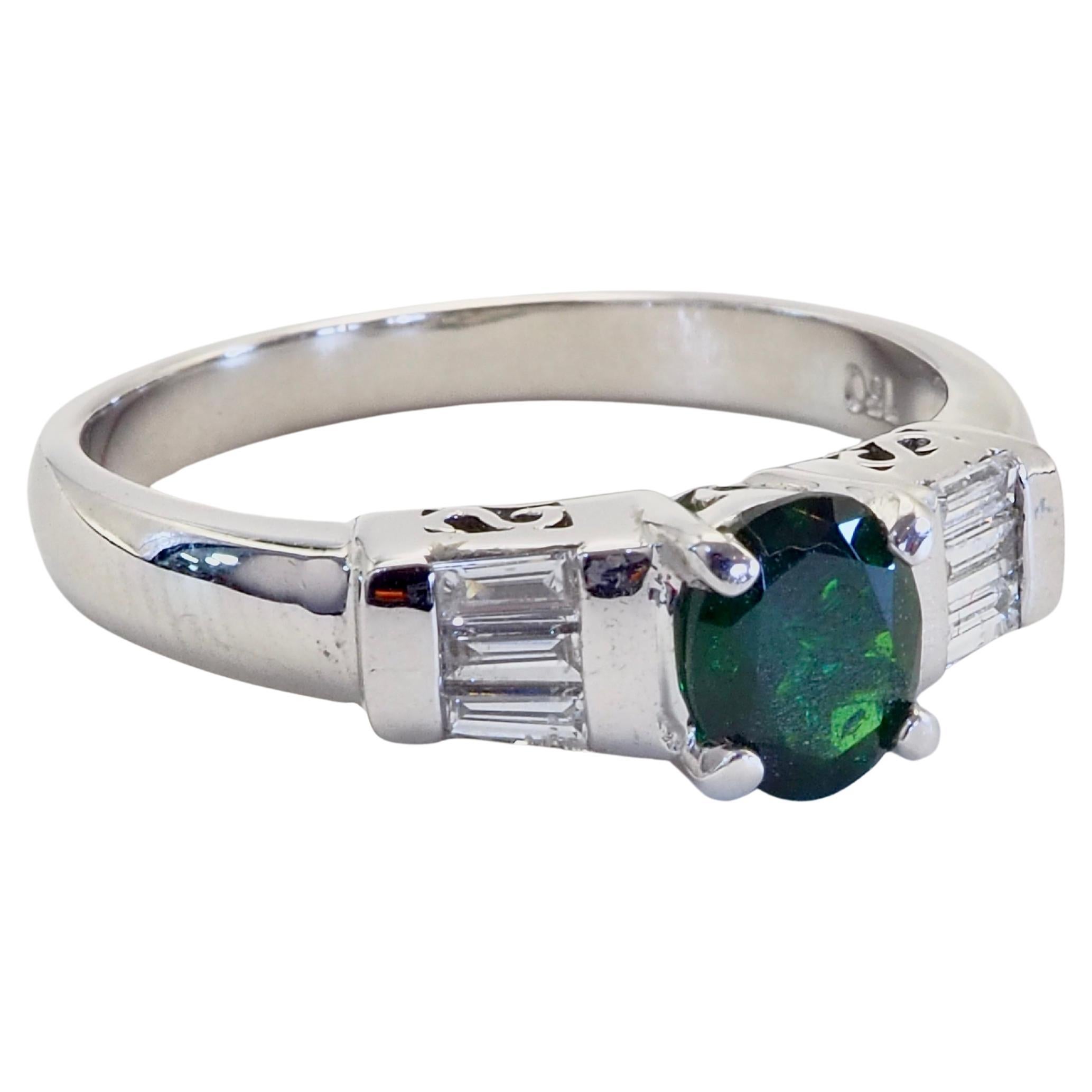 ICA 18K White Gold 0.62ct Oval Deep Vivid Green Tsavorite & 0.15ct Diamond Ring In New Condition For Sale In เกาะสมุย, TH