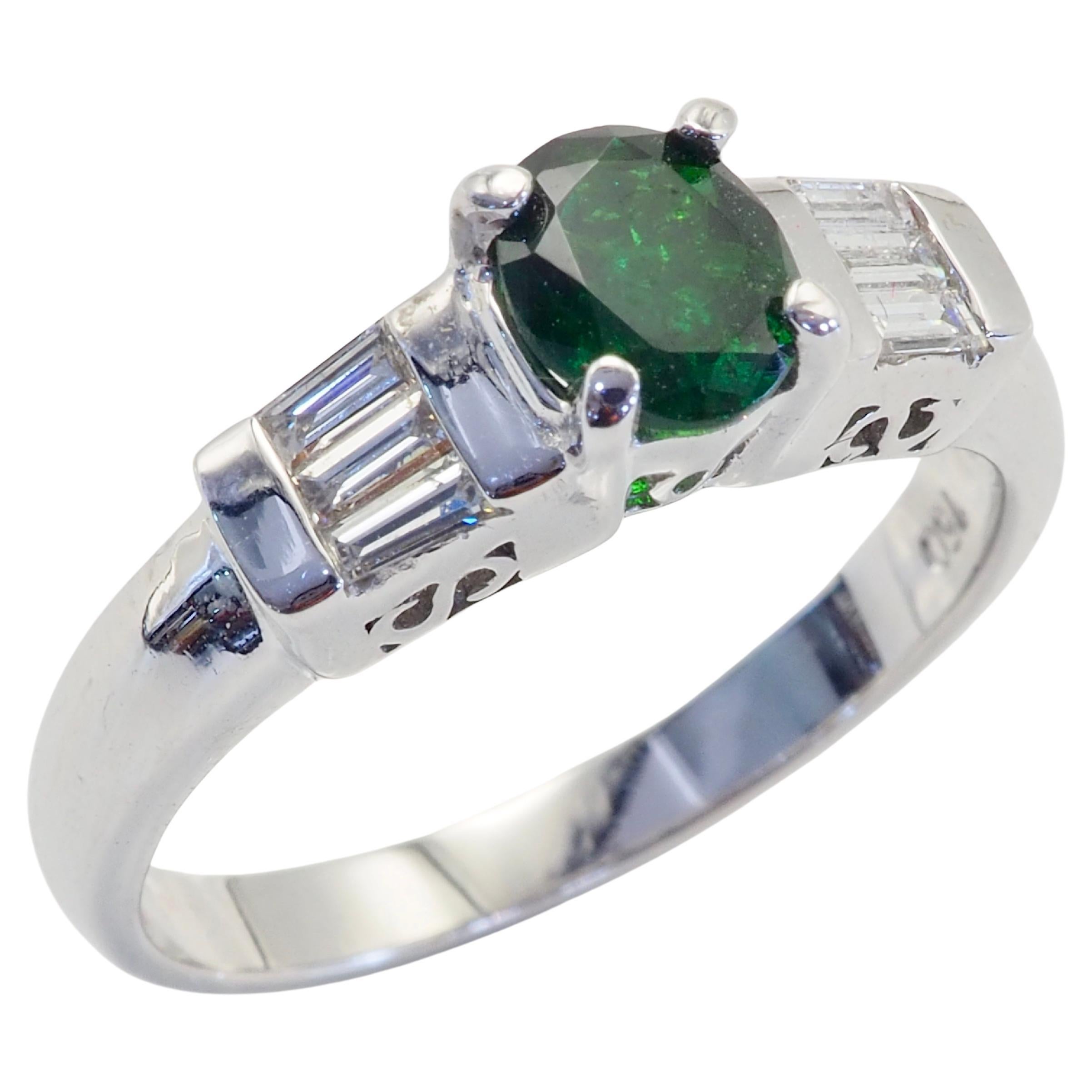 Women's ICA 18K White Gold 0.62ct Oval Deep Vivid Green Tsavorite & 0.15ct Diamond Ring For Sale