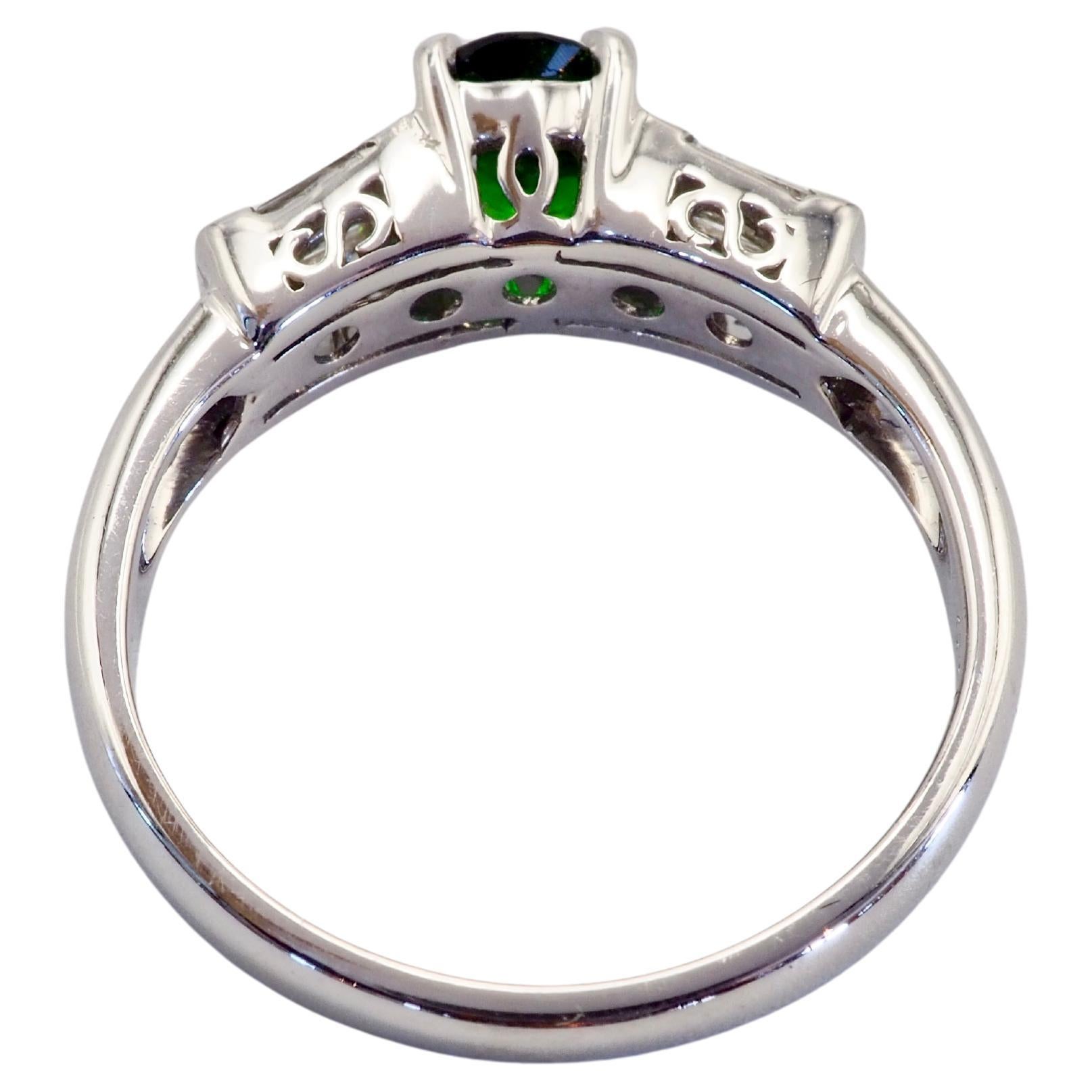 ICA 18K White Gold 0.62ct Oval Deep Vivid Green Tsavorite & 0.15ct Diamond Ring For Sale 1