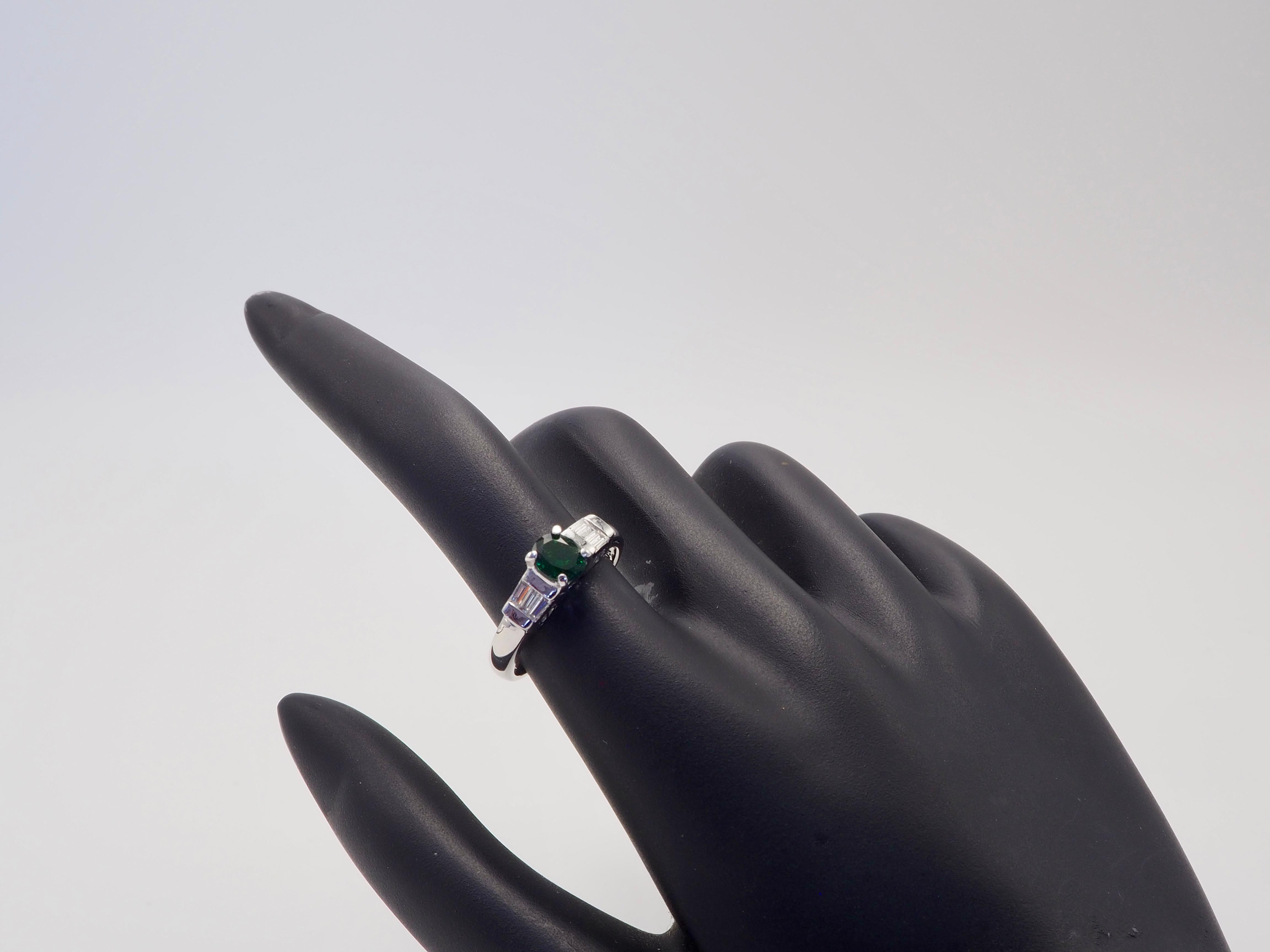 ICA 18K White Gold 0.62ct Oval Deep Vivid Green Tsavorite & 0.15ct Diamond Ring For Sale 2