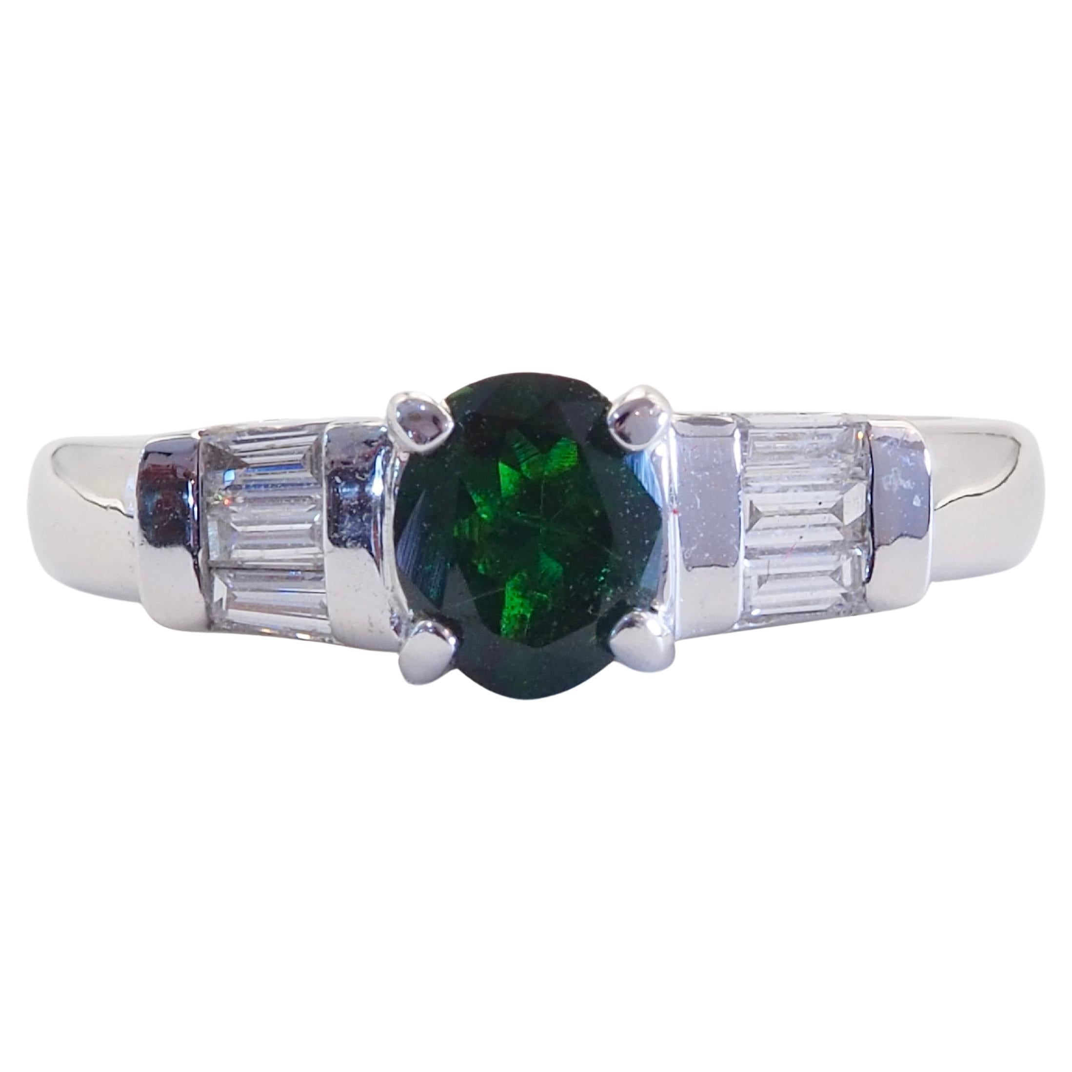 ICA 18K White Gold 0.62ct Oval Deep Vivid Green Tsavorite & 0.15ct Diamond Ring