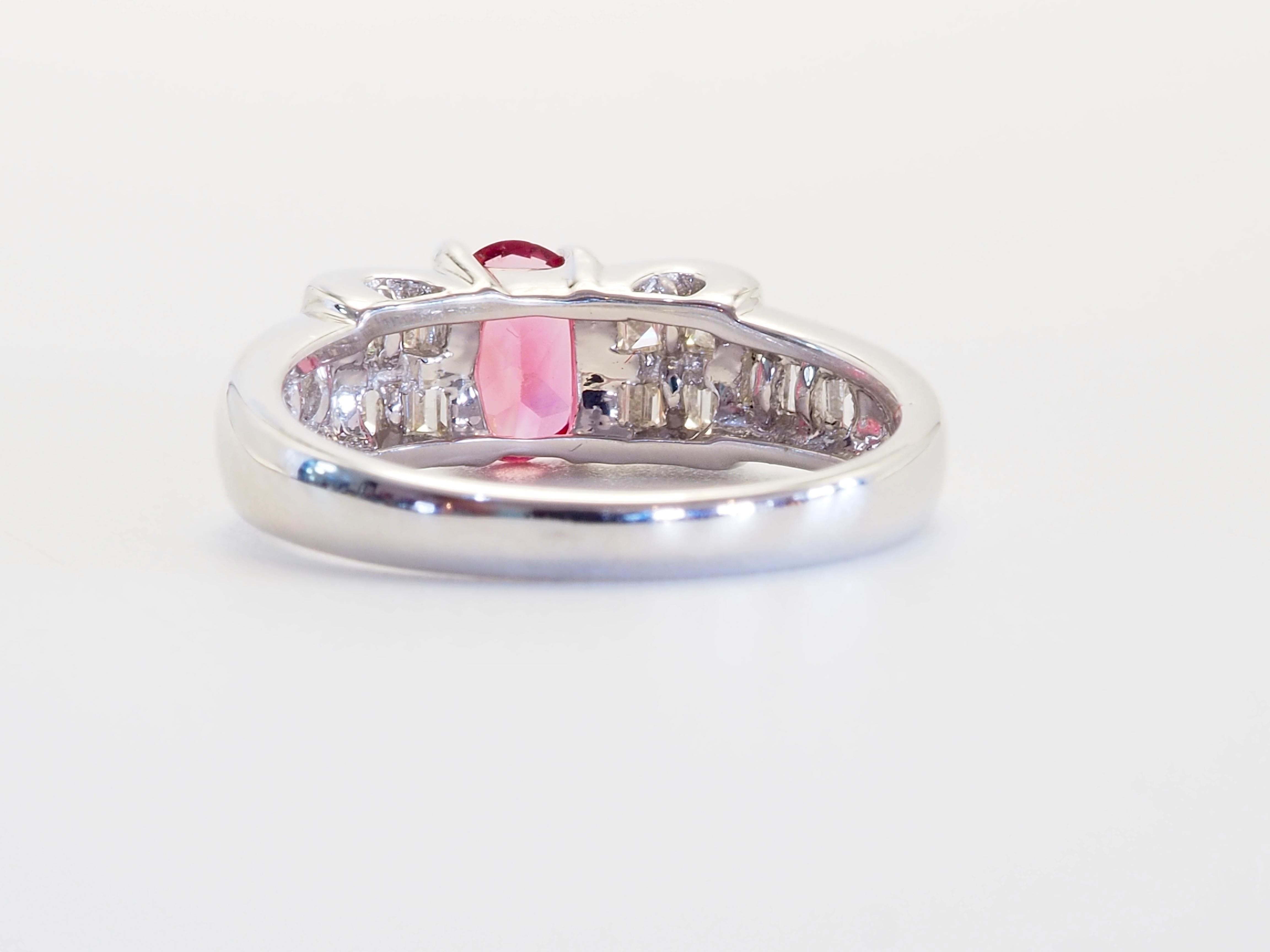 A higher end international standard jewelry with amazing unique design and pink tourmaline oval gemstone. Hot pink tourmaline though petite offers high brilliance and eye-opening color. Baguette diamonds are bright and beautiful. The gemstone comes