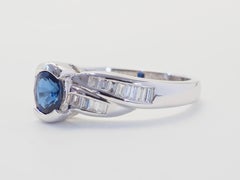 ICA 18K White Gold 0.78ct Deep Blue Sapphire & 0.28ct Baguette Diamond Ring