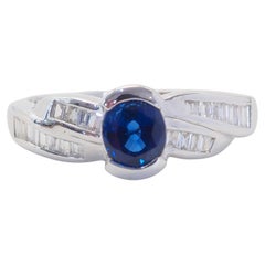 ICA 18K White Gold 0.78ct Deep Blue Sapphire & 0.28ct Baguette Diamond Ring