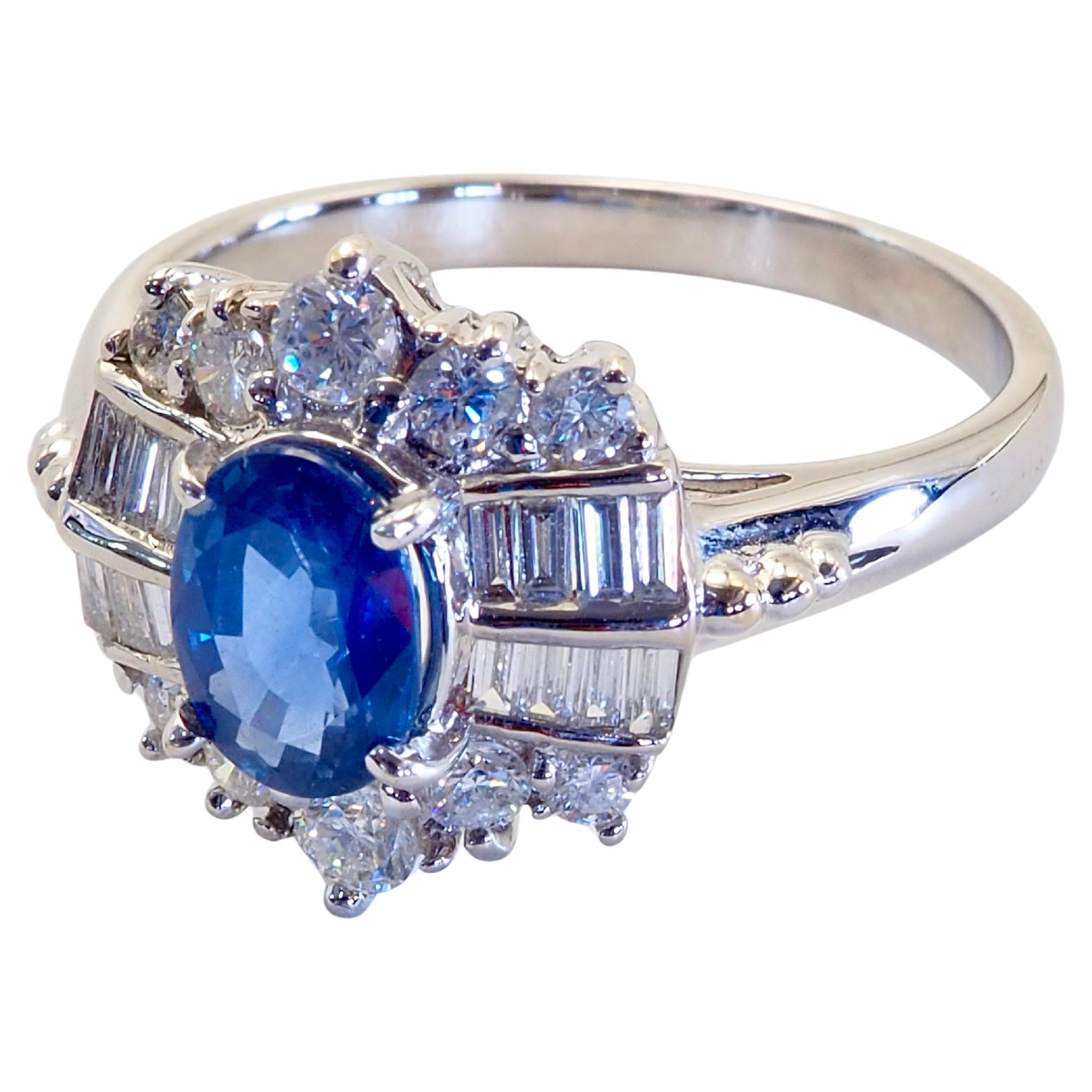 Taille ovale ICA Bague en or blanc 18 carats 1,01ct saphir bleu bleu et 0,63ct diamant en vente