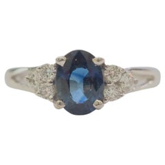 Antique ICA 18K White Gold 1.10ct Blue Sapphire & 0.20ct Diamond Ring