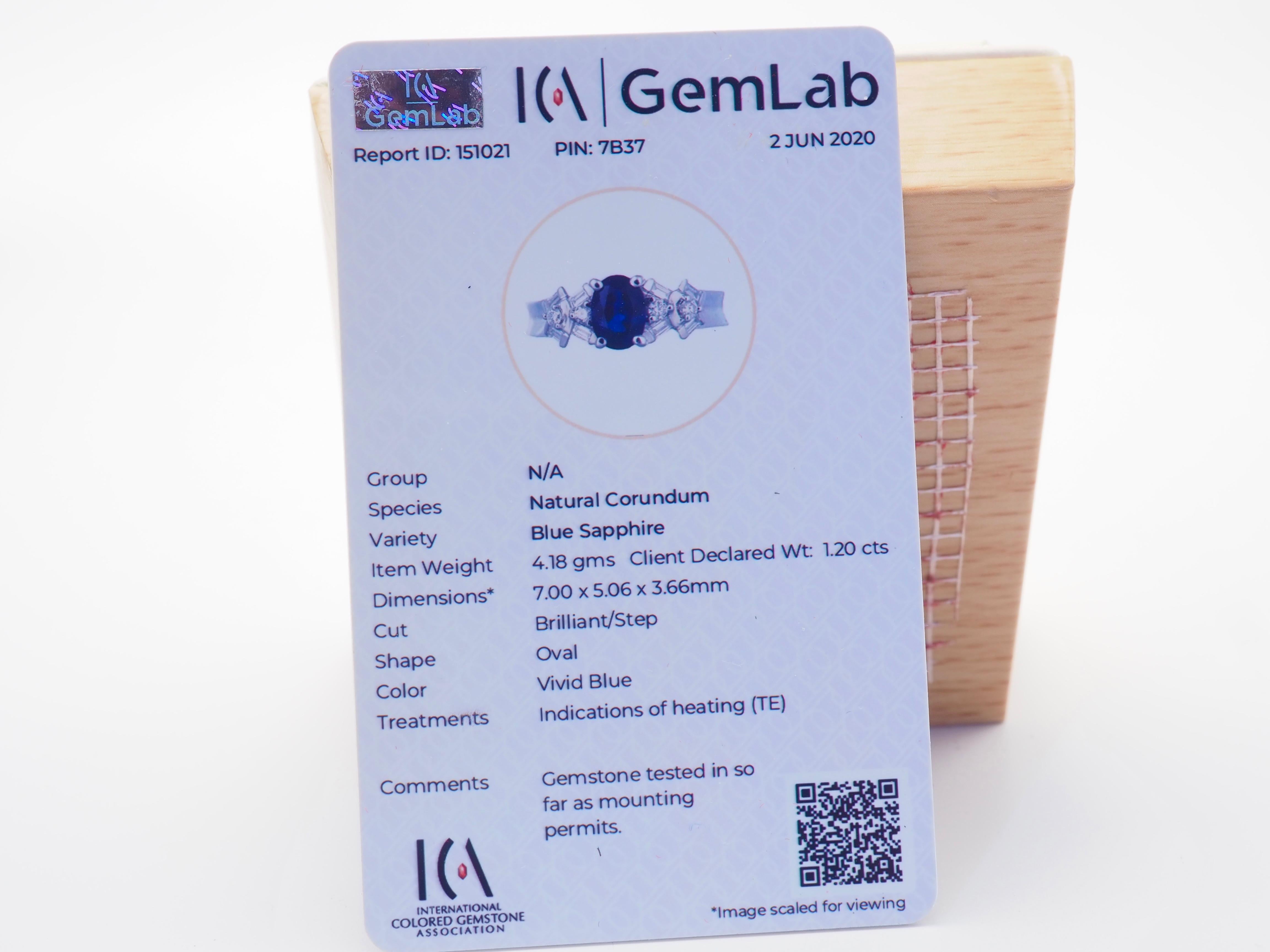 ICA 18K Weißgold 1,20ct Lebendiger Blauer Saphir & 0,26ct Diamant Feiner Ring im Angebot 5