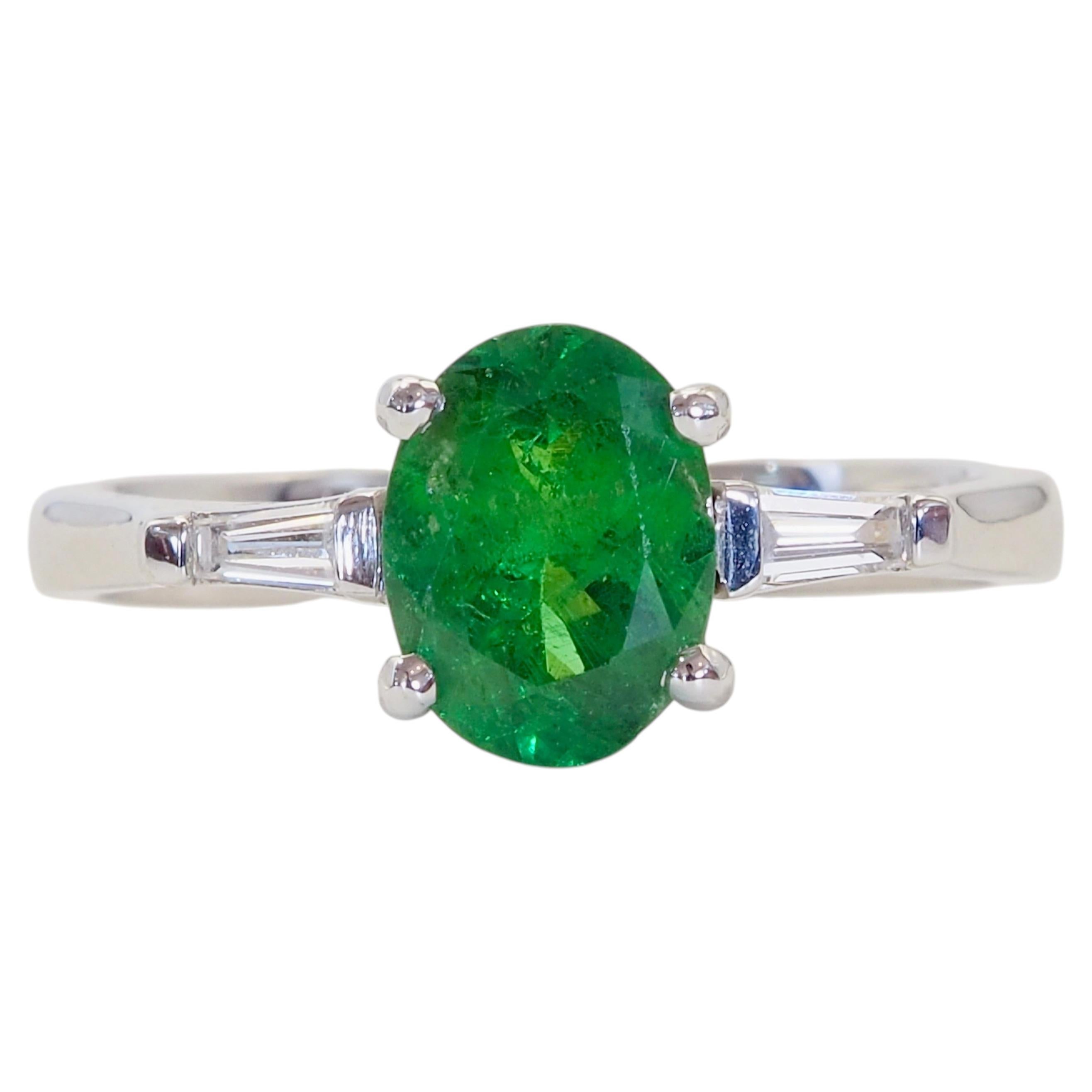 ICA 18K White Gold 1.24ct Oval Vivid Green Tsavorite & 0.10ct Diamond Ring
