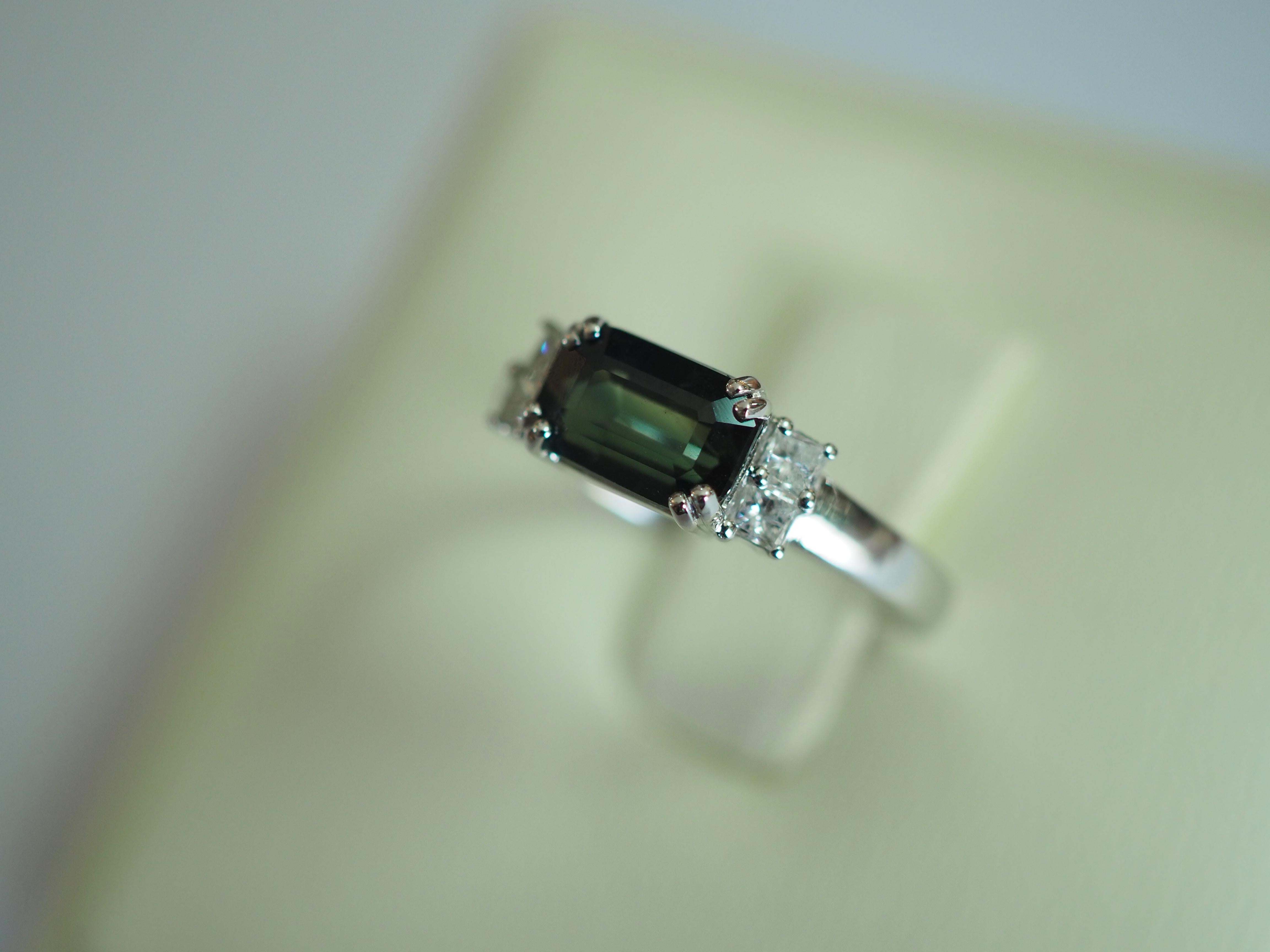Emerald Cut ICA 18k White Gold No-Heat 2.18 Carat Thailand Teal Sapphire & Diamond Fine Ring