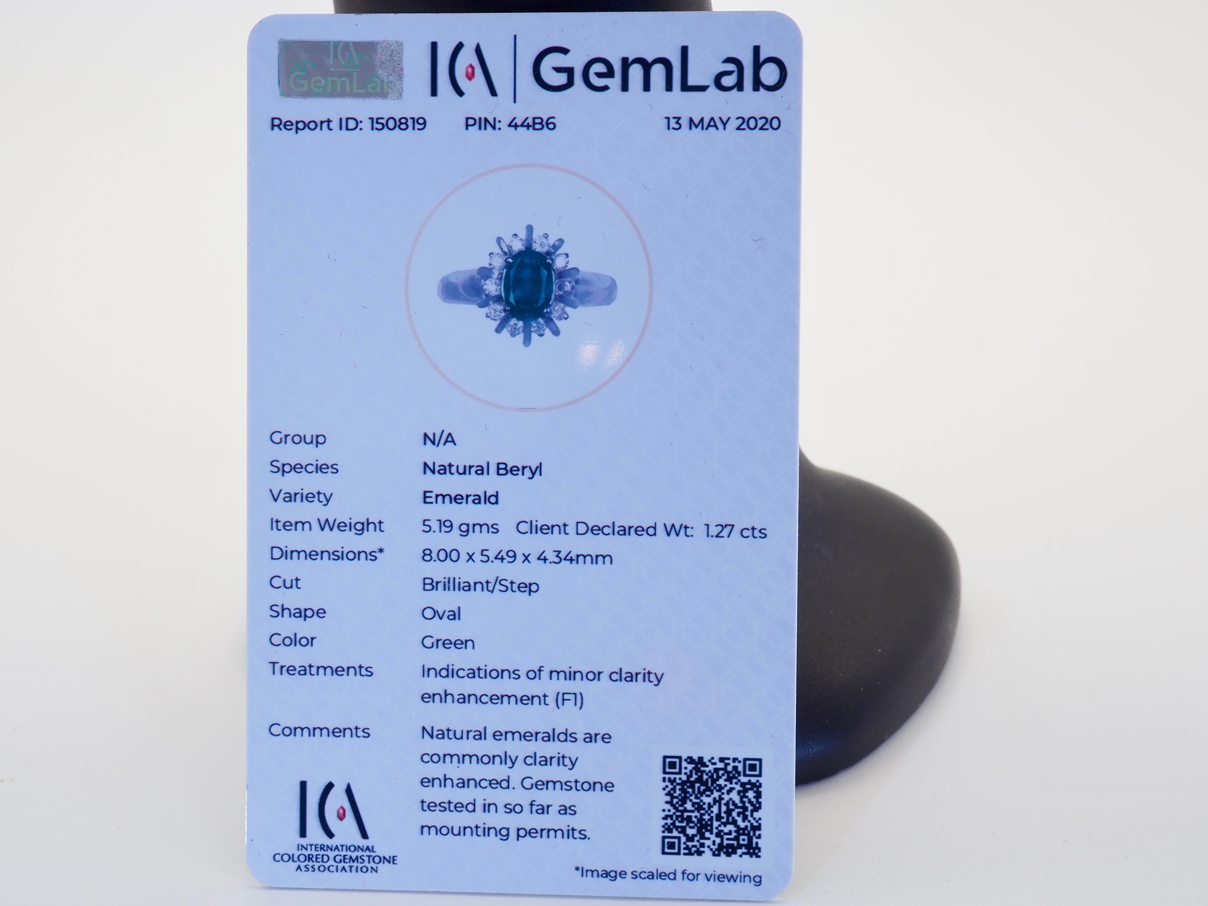 Anello ICA in oro bianco 18 carati con smeraldo ovale F1 da 1,27 carati e diamante Brilliante da 0,35 carati in vendita 5
