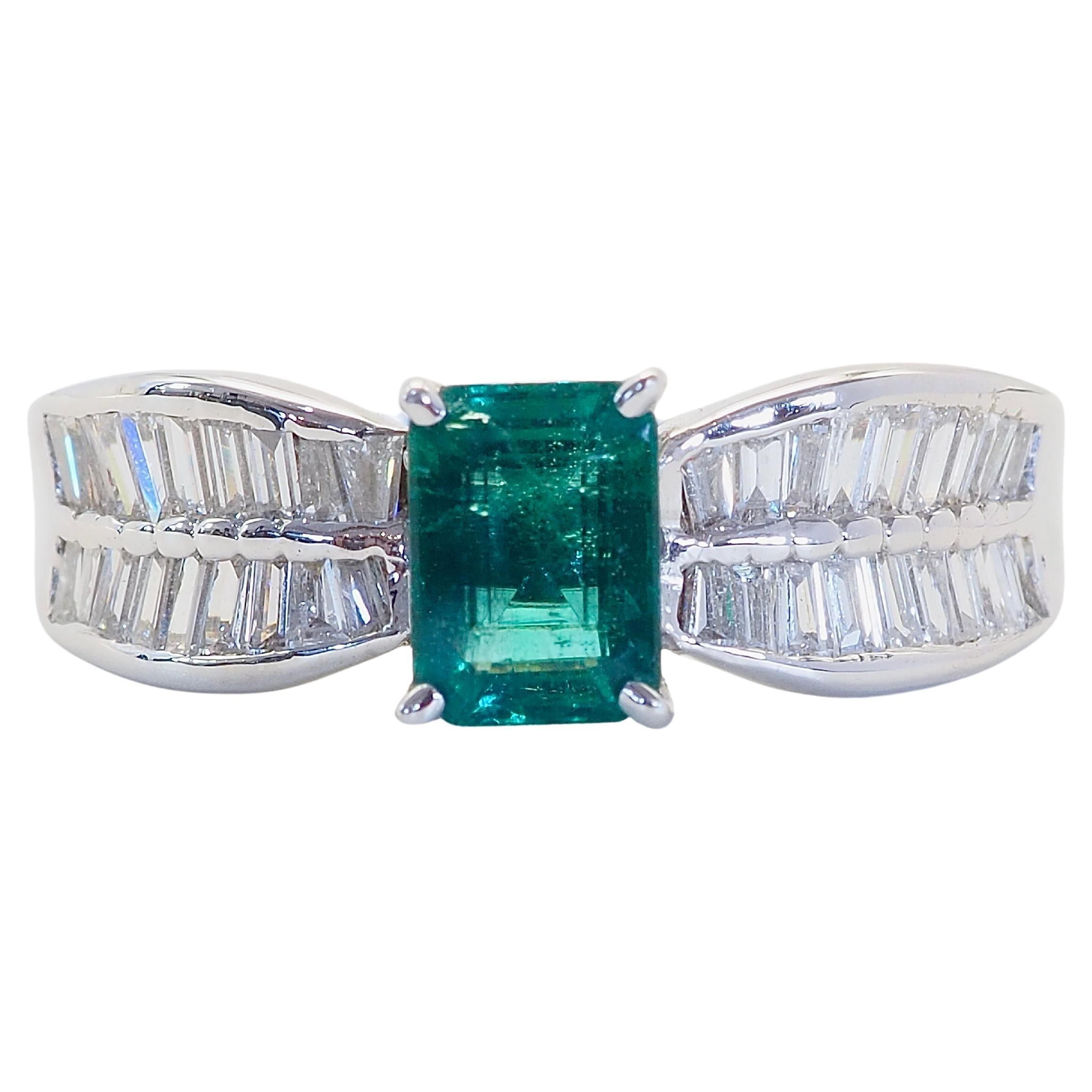 ICA 18K White Gold 0.73ct Insignificant Oil Emerald & 0.53ct Diamond Band Ring For Sale