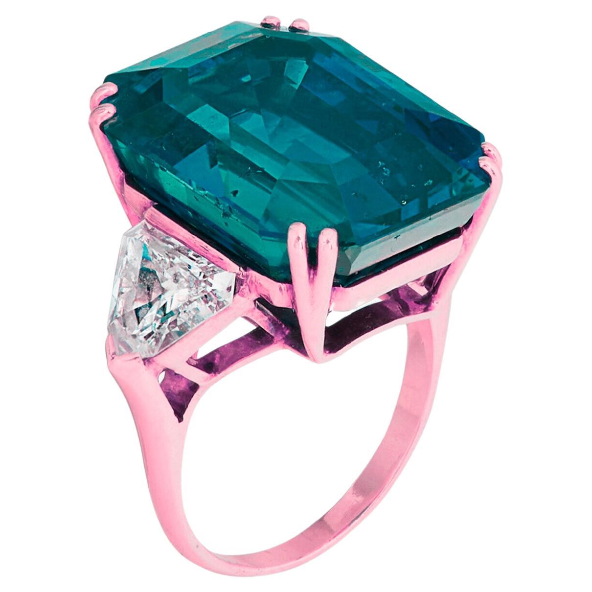 Emerald Cut ICA Certified 12.89 Carat Vivid Green Emerald Diamond Ring with Trillion Diamond For Sale