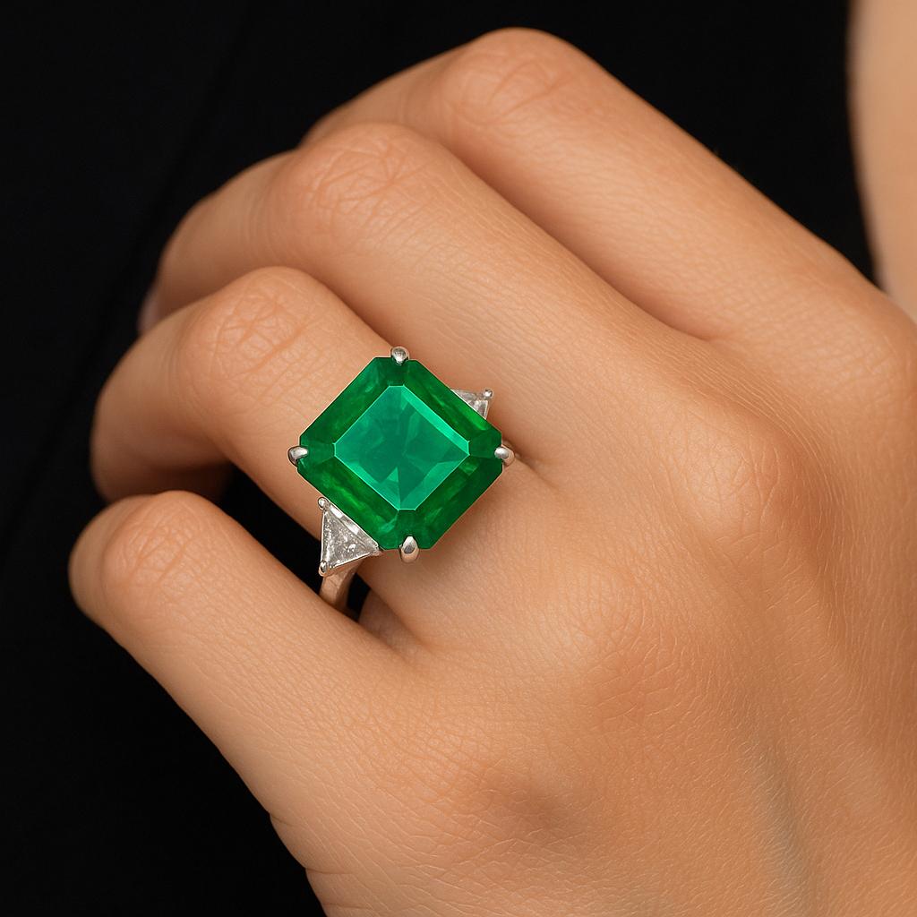 Emerald Cut ICA Certified 14.25ct Zambian Emerald Minor Oil Diamond Platinum Ring For Sale