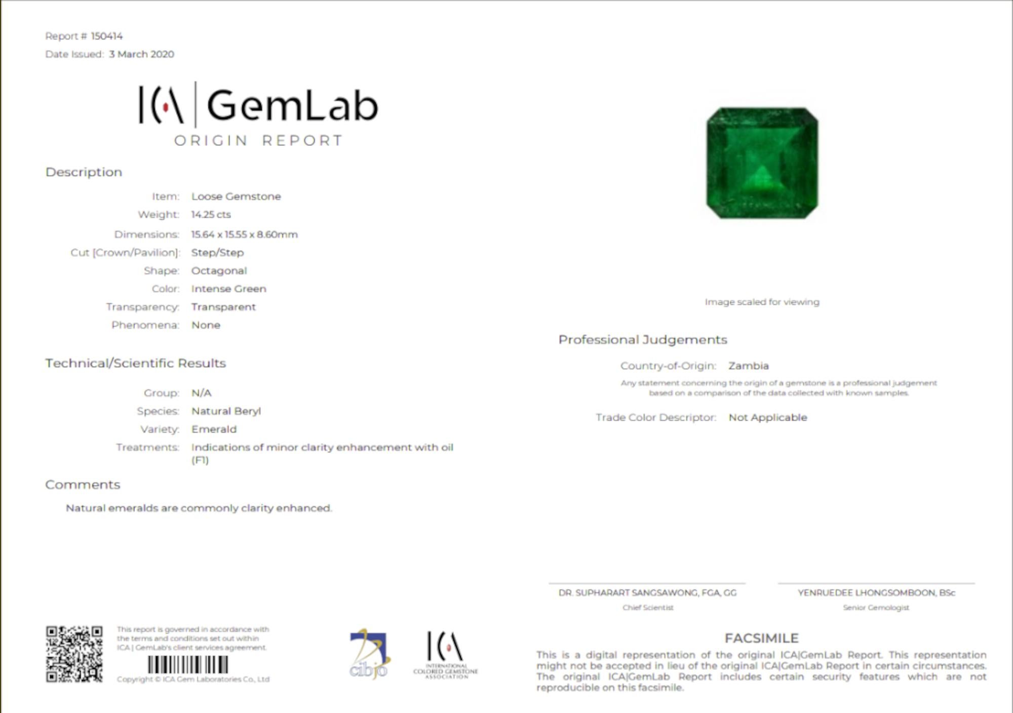 ICA Certified 14.25ct Zambian Emerald Minor Oil Diamond Platinum Ring In New Condition For Sale In Chicago, IL