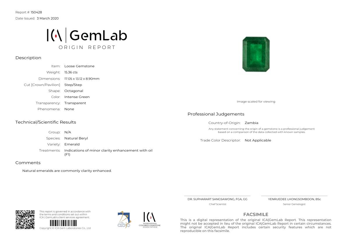 Emerald Cut ICA Certified 15 Carat Vivid Green Emerald Diamond Ring For Sale