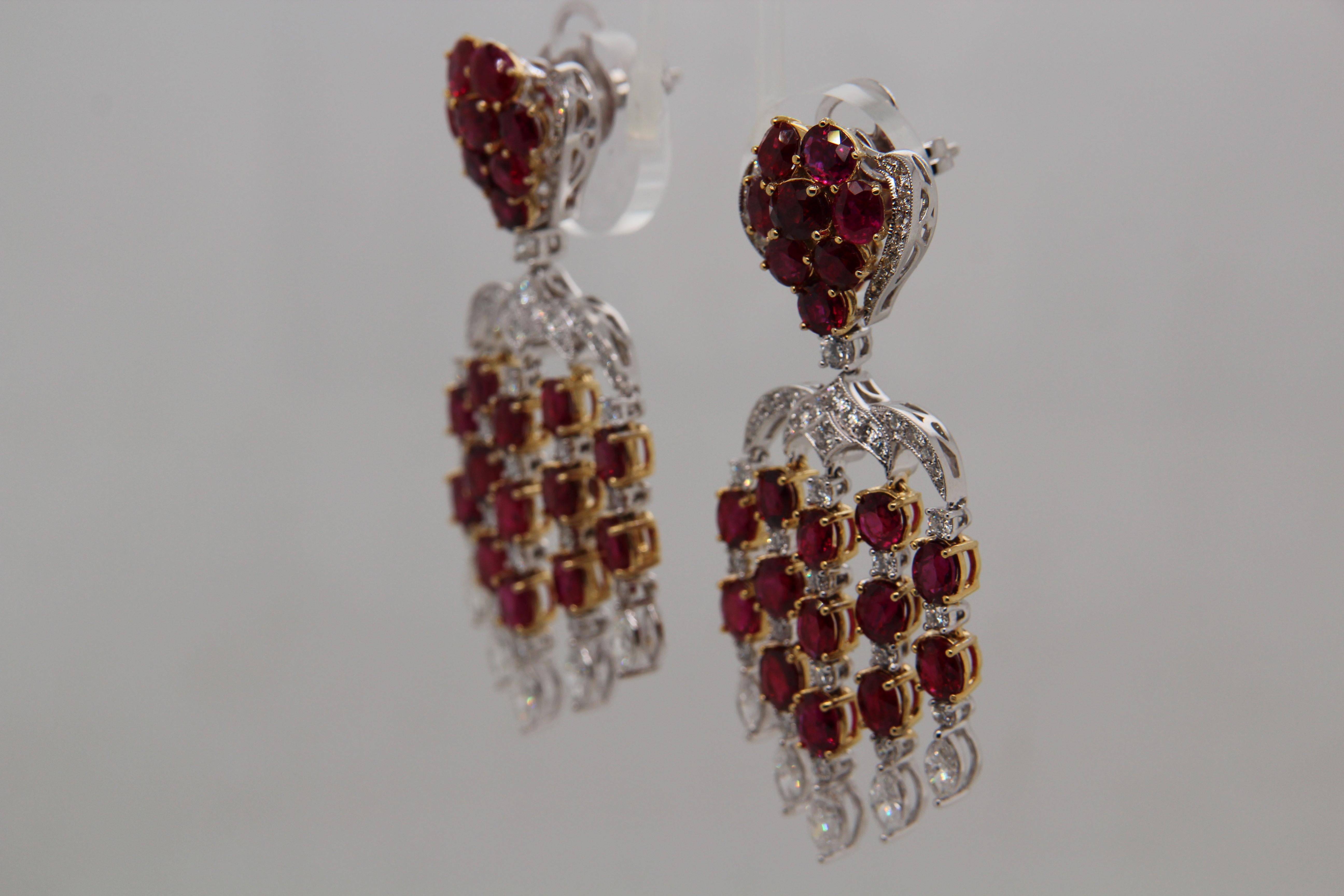 Women's or Men's ICA Certified 15.28 Carat Burmese Unheated Ruby and Diamond Earring in 18K Gold For Sale