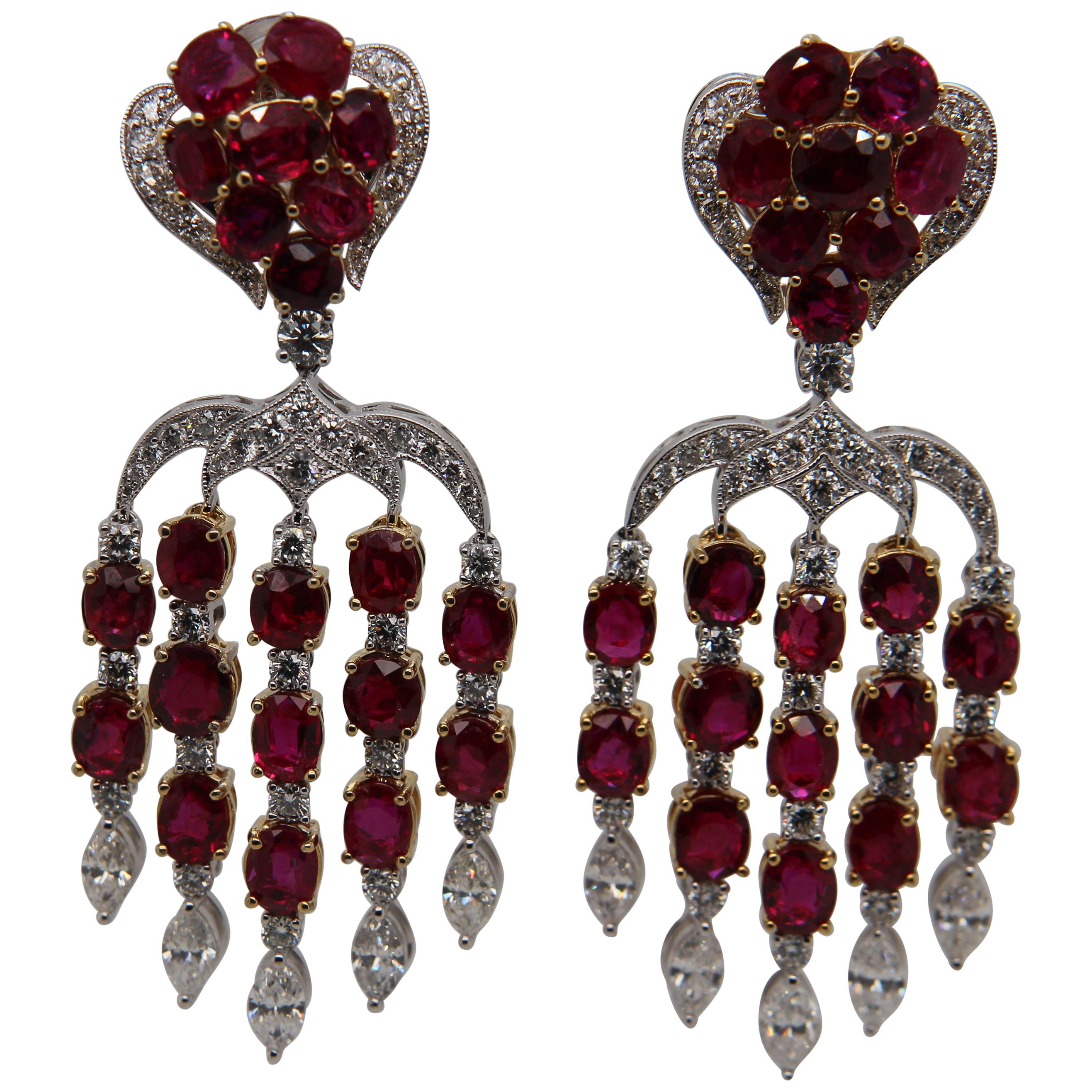 ICA Certified 15.28 Carat Burmese Unheated Ruby and Diamond Earring in 18K Gold