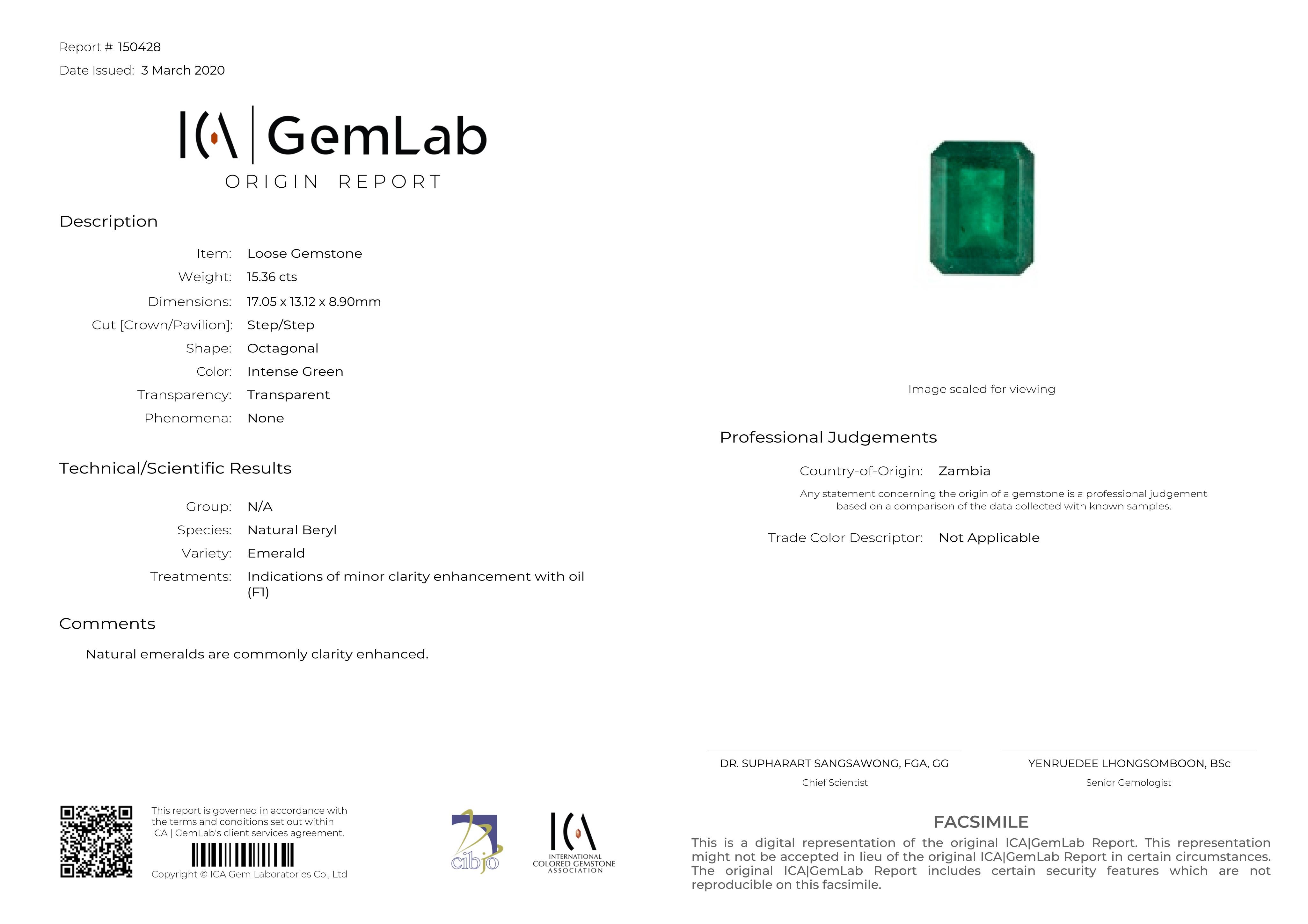 Emerald Cut ICA Certified 15.36 Carat Green Emerald Diamond Ring For Sale