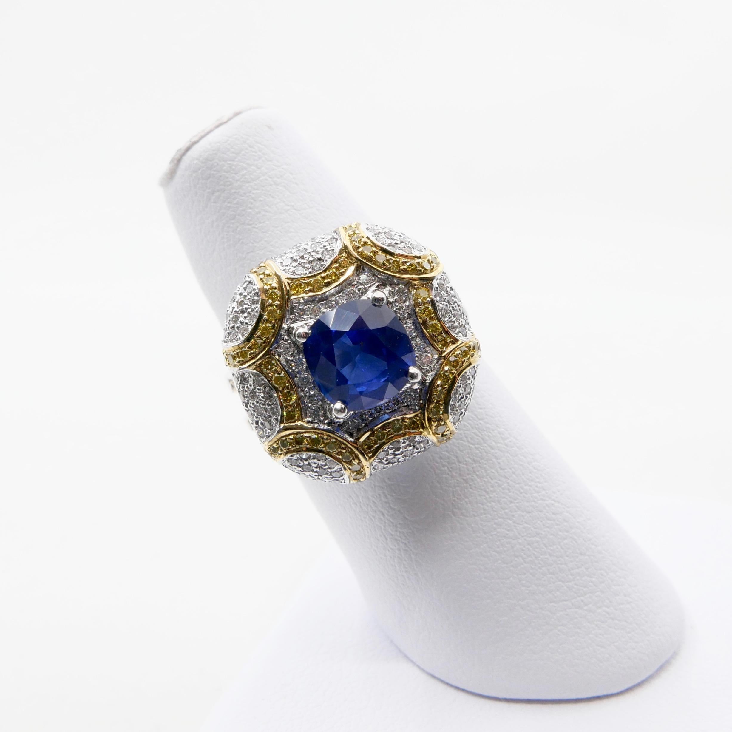 ICA Certified 1.74Cts Ceylon Heat Sapphire Ring, White and Fancy Yellow Diamonds For Sale 3
