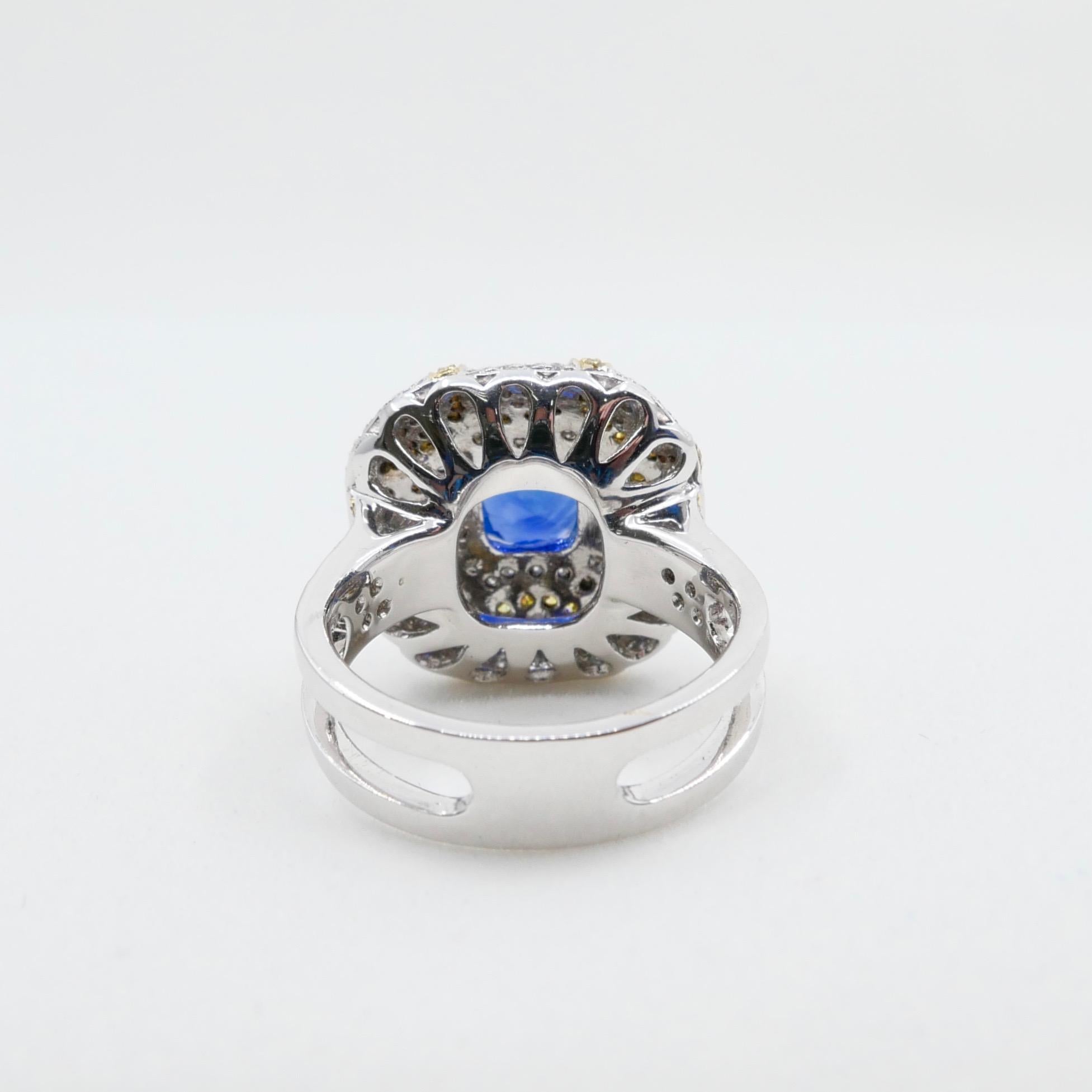 ICA Certified 1.74Cts Ceylon Heat Sapphire Ring, White and Fancy Yellow Diamonds For Sale 5