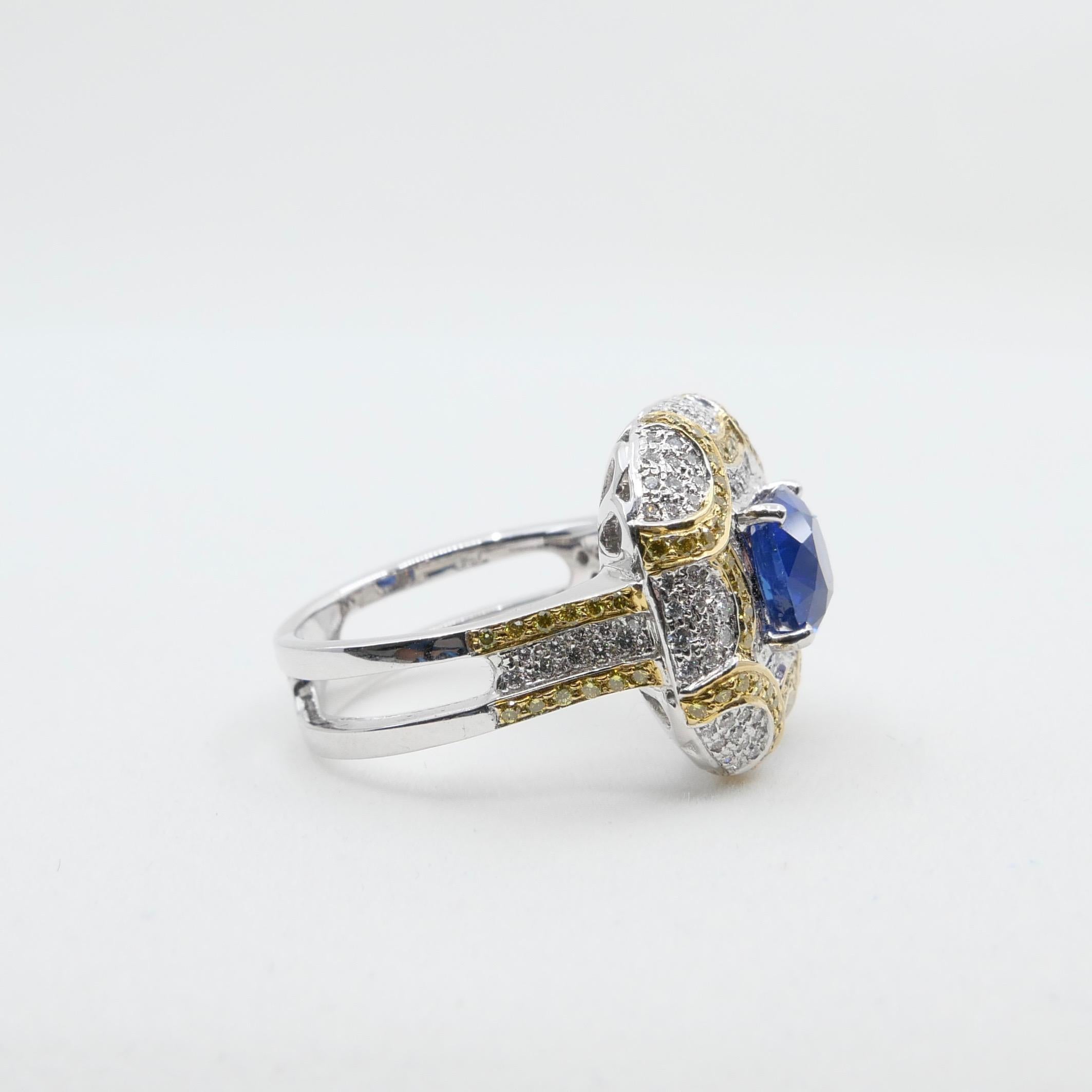 ICA Certified 1.74Cts Ceylon Heat Sapphire Ring, White and Fancy Yellow Diamonds For Sale 6