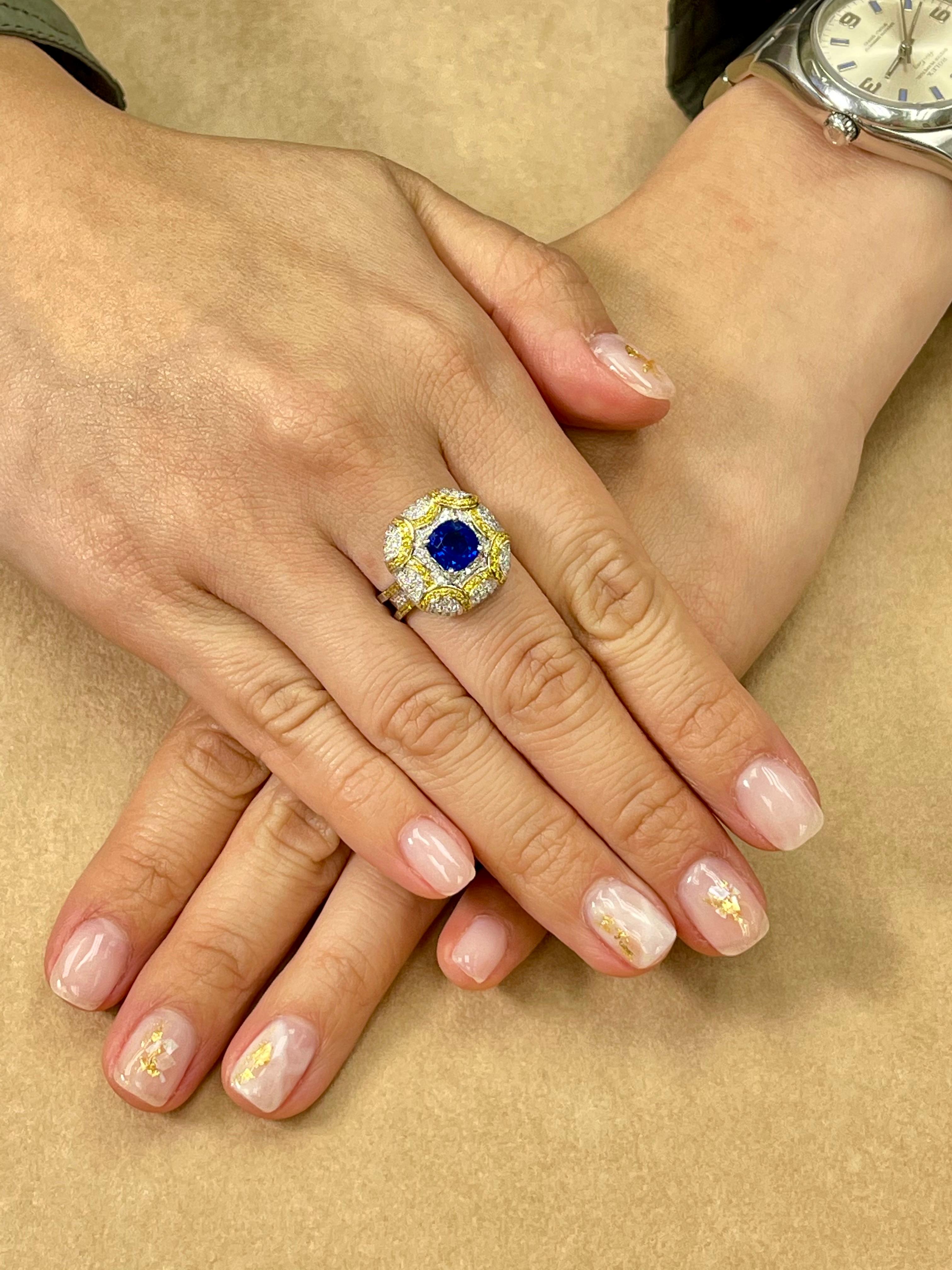 Here is an ICA Gemlab certified Sapphire from Sri Lanka with heat. The ring is set in 18k white gold and diamonds. There are a combination of white and fancy yellow diamonds that make up this setting. We are unable to give you an accurate estimate