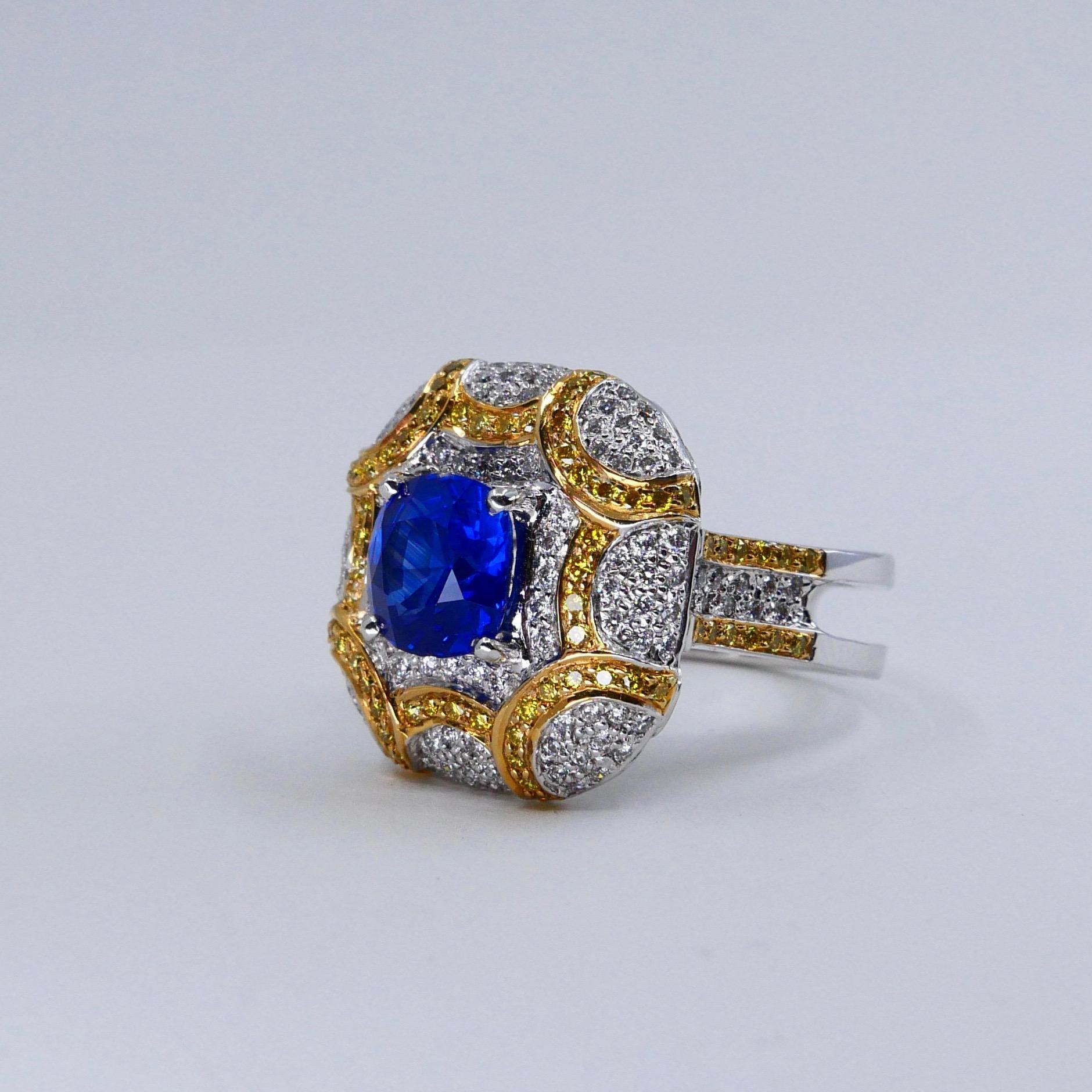 Cushion Cut ICA Certified 1.74Cts Ceylon Heat Sapphire Ring, White and Fancy Yellow Diamonds For Sale