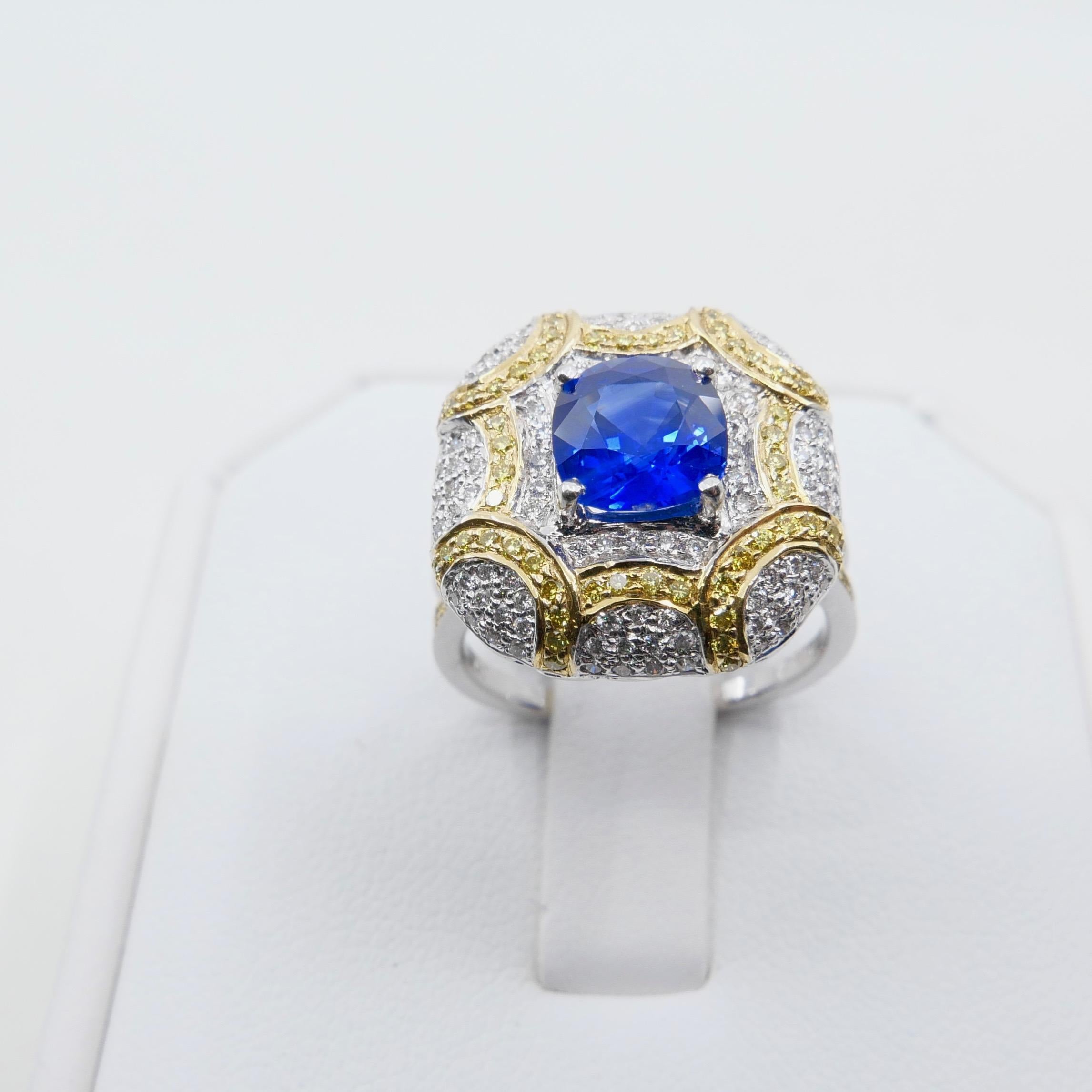 Women's or Men's ICA Certified 1.74Cts Ceylon Heat Sapphire Ring, White and Fancy Yellow Diamonds For Sale