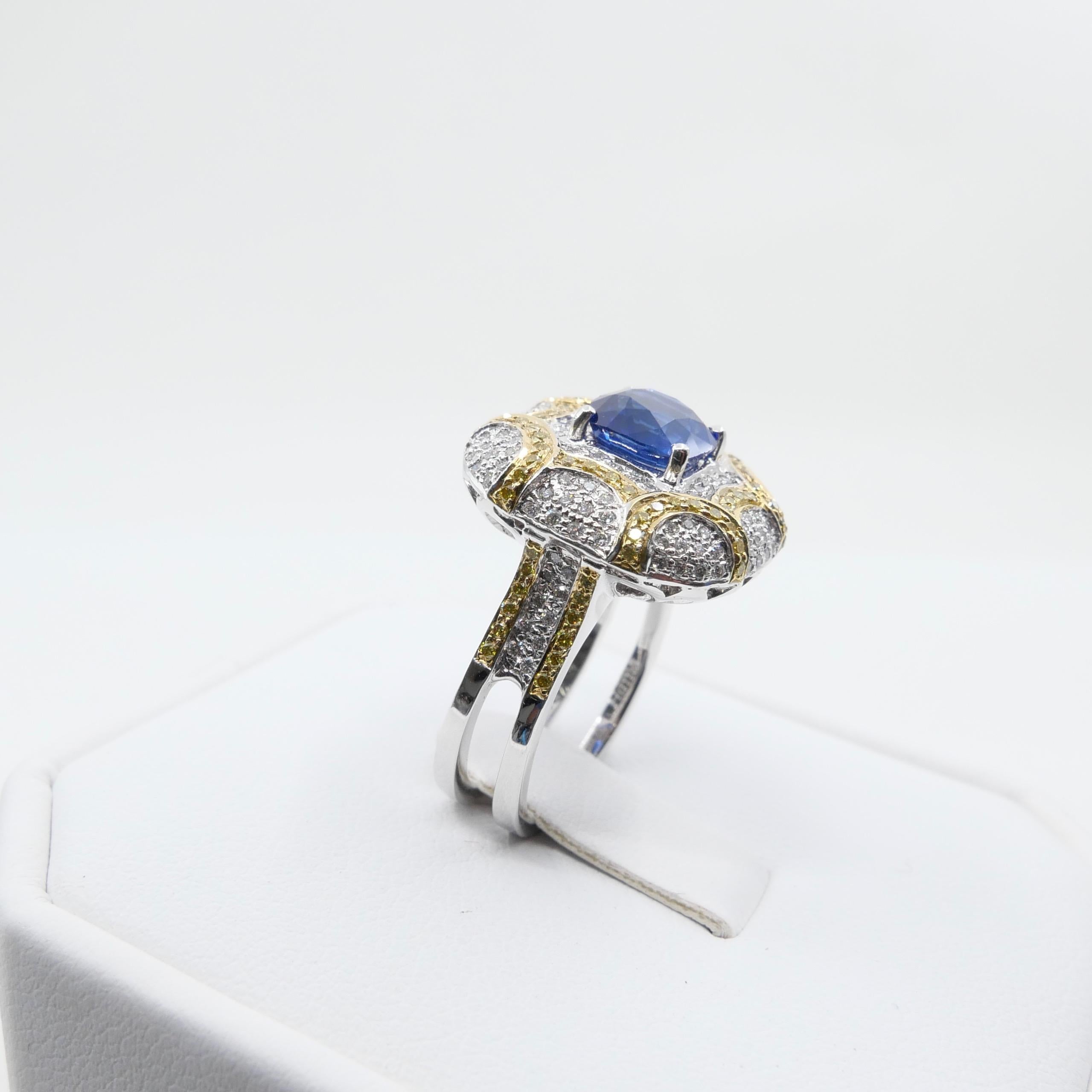 ICA Certified 1.74Cts Ceylon Heat Sapphire Ring, White and Fancy Yellow Diamonds For Sale 1