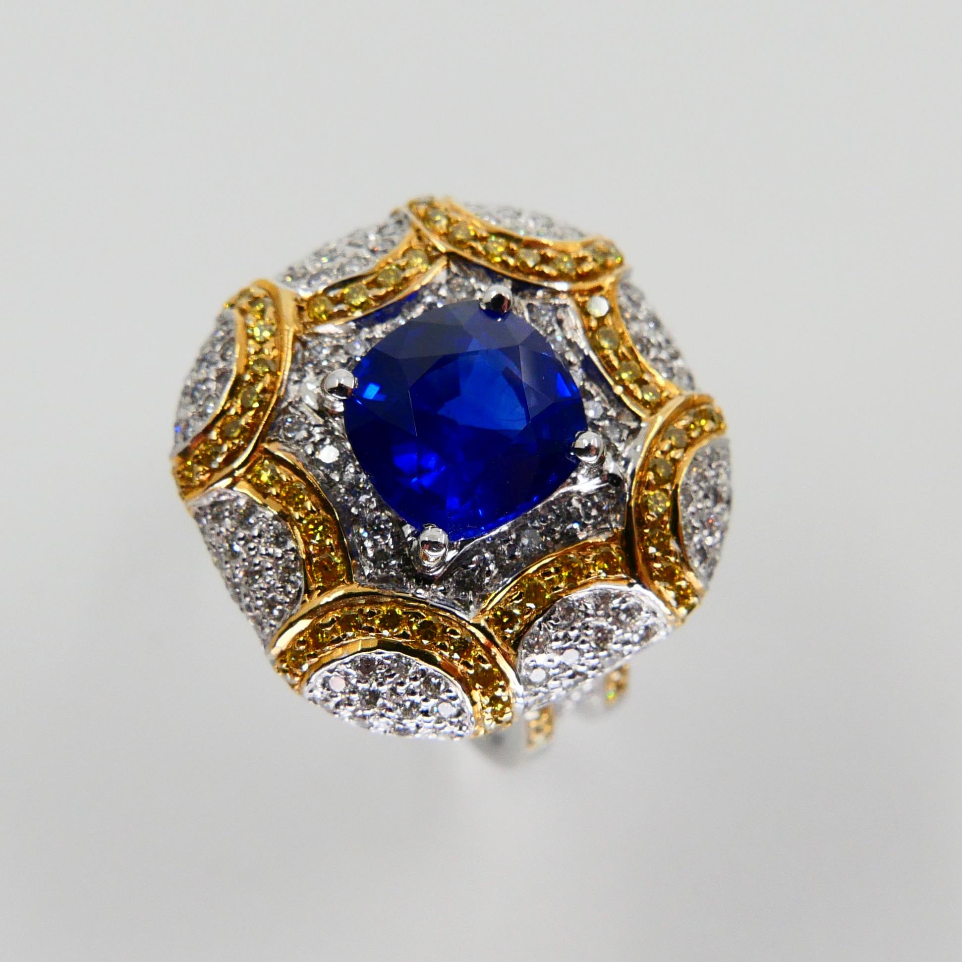 ICA Certified 1.74Cts Ceylon Heat Sapphire Ring, White and Fancy Yellow Diamonds For Sale 2