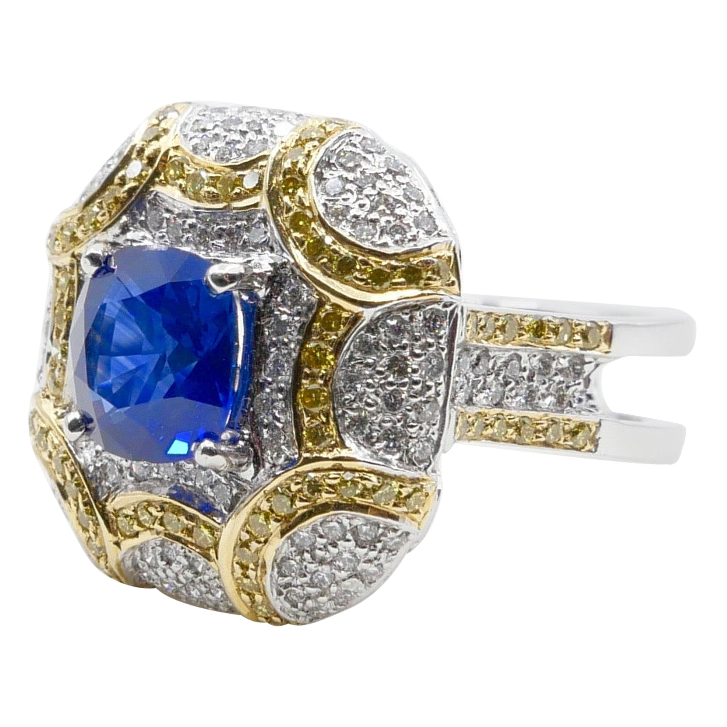 ICA Certified 1.74Cts Ceylon Heat Sapphire Ring, White and Fancy Yellow Diamonds For Sale