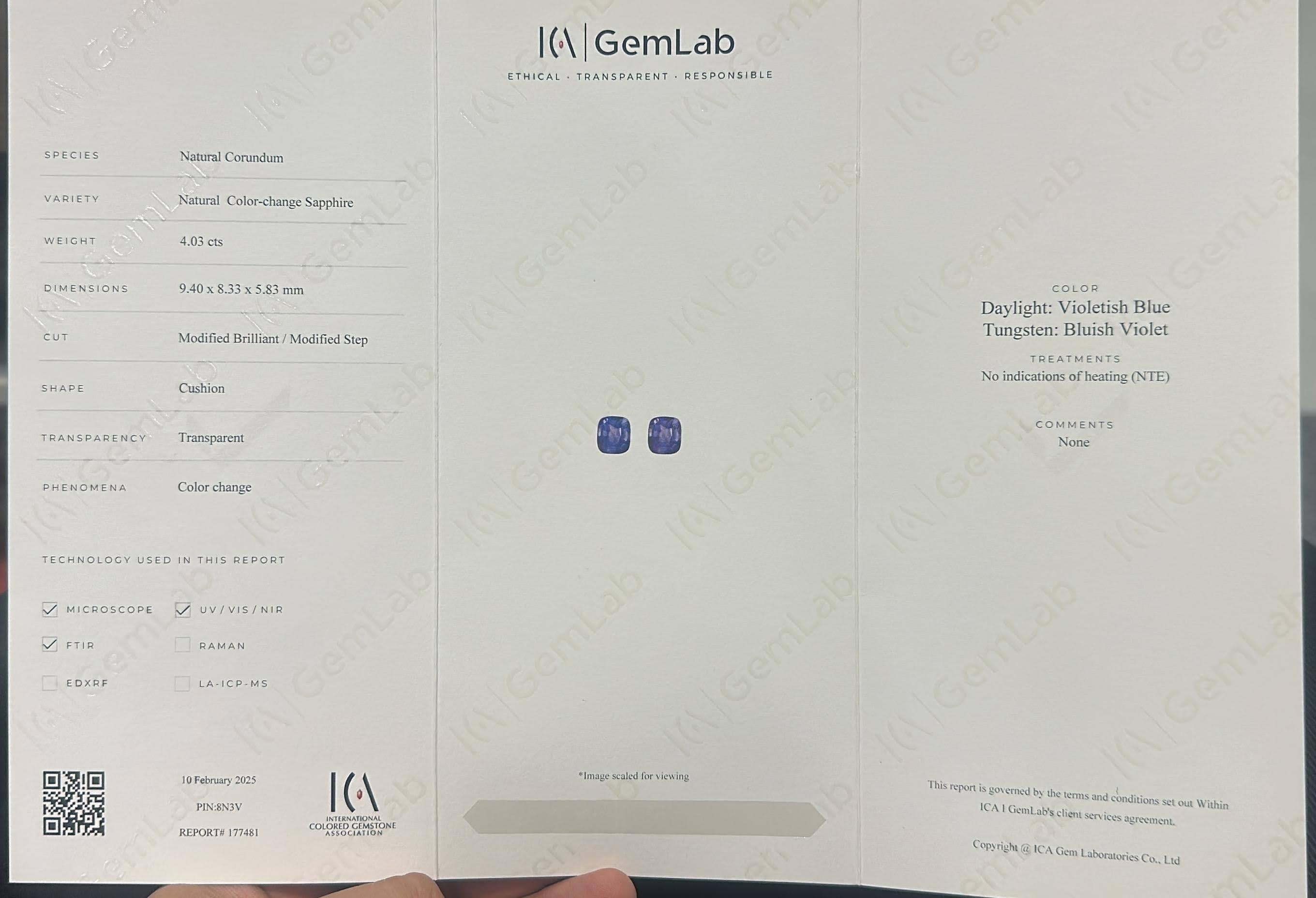 Weight 4.03 carats 
Dimensions 9.40x8.33x5.83 mm
Treatment none 
Origin Sri Lanka 
Clarity VVS 
Shape cushion 
Cut fancy cushion 


This exquisite 4.03-carat Bluish Violet Color Change Sapphire is a true treasure, certified by the International