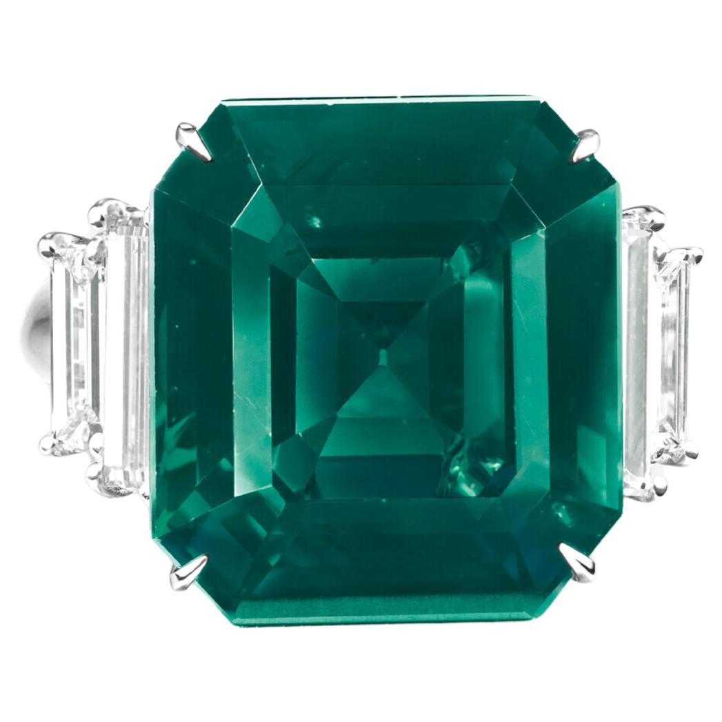 GRS Certified 8.46 Carat Vivid Green Zambian Emerald Ring with Baguette Diamo For Sale