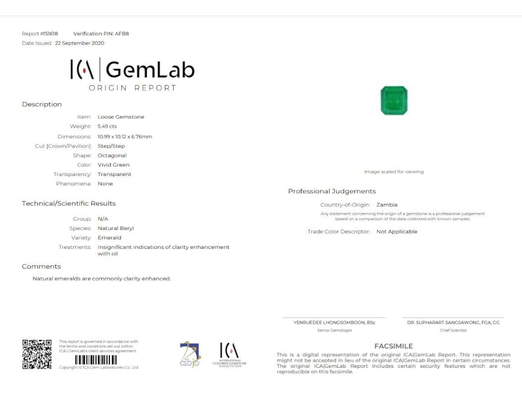 ICA Certified 5.49 Carat Insignificant Enhanced Zambian Emerald 14 Gold Ring In New Condition For Sale In Chicago, IL