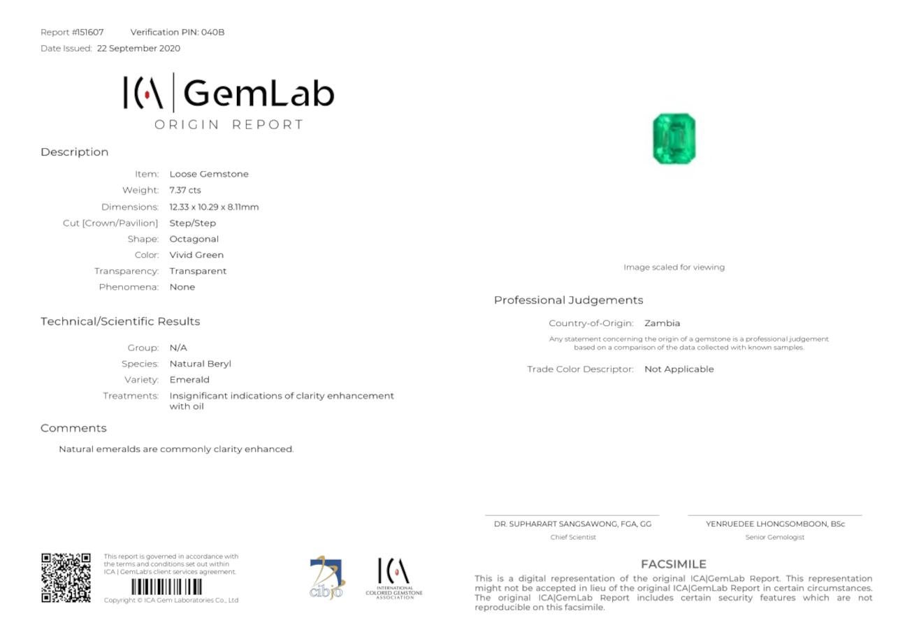 Emerald Cut ICA Certified 7.37 Carat Green Emerald Diamond Ring Insignificant Oil For Sale