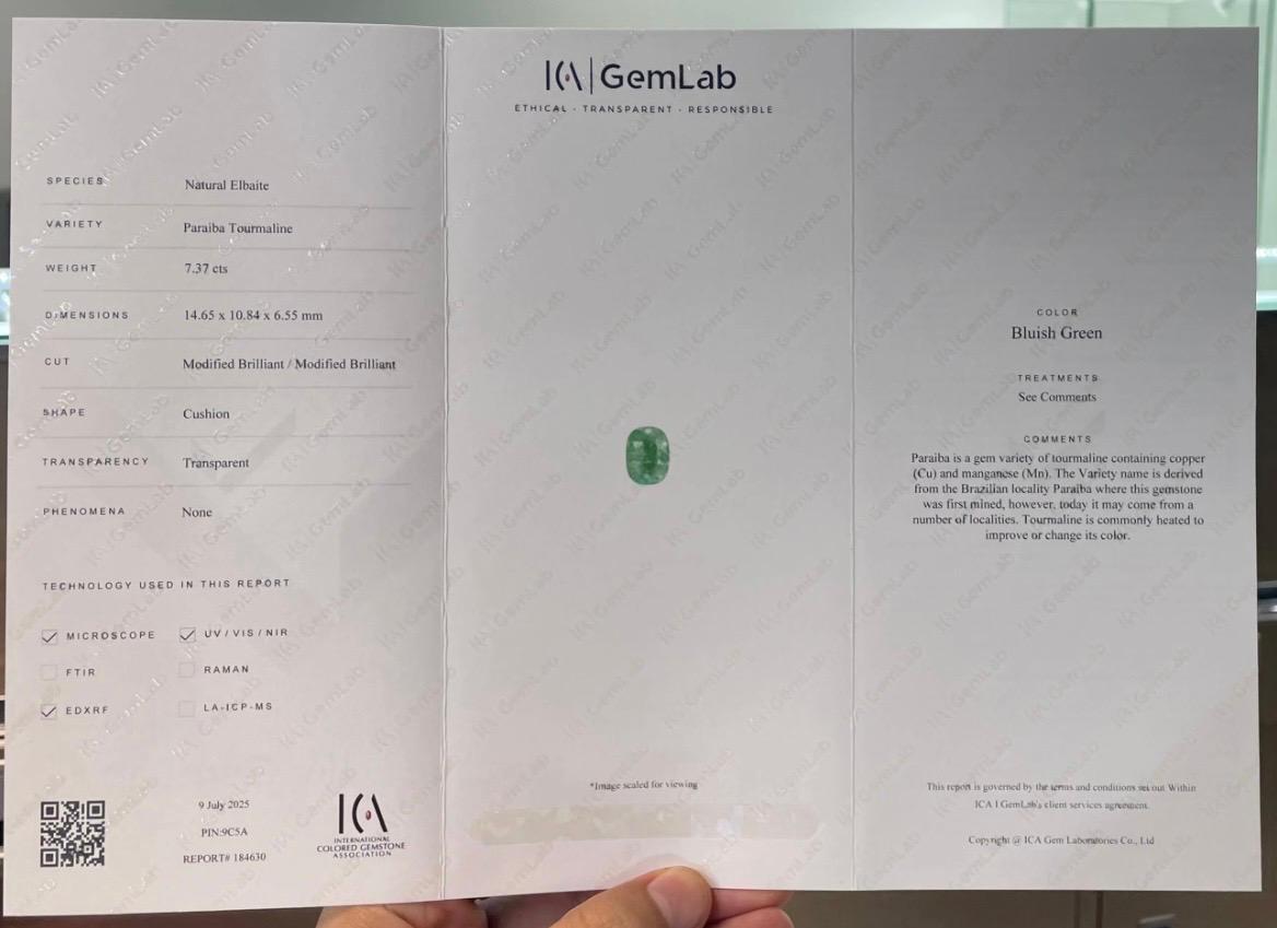 ICA Certified 7.37 Carat Natural Loose Paraiba Tourmaline Cushion Shape Gemstone (pierre précieuse en forme de coussin) en vente 6