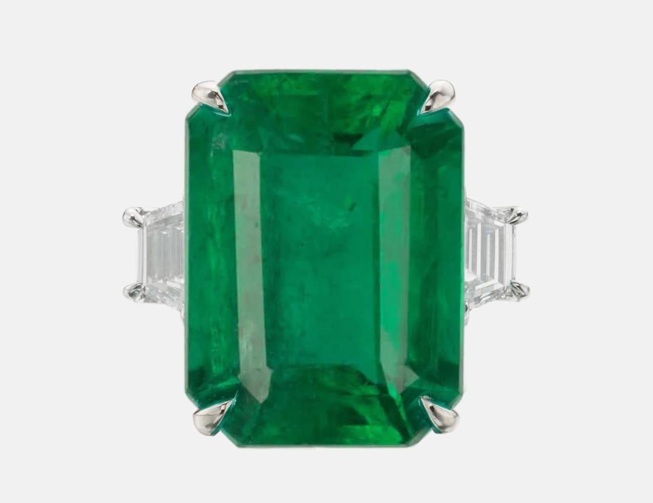 Modern GRS Certified 5.40 Carat Insignificant Oil Green Emerald 18k White Gold Ring For Sale